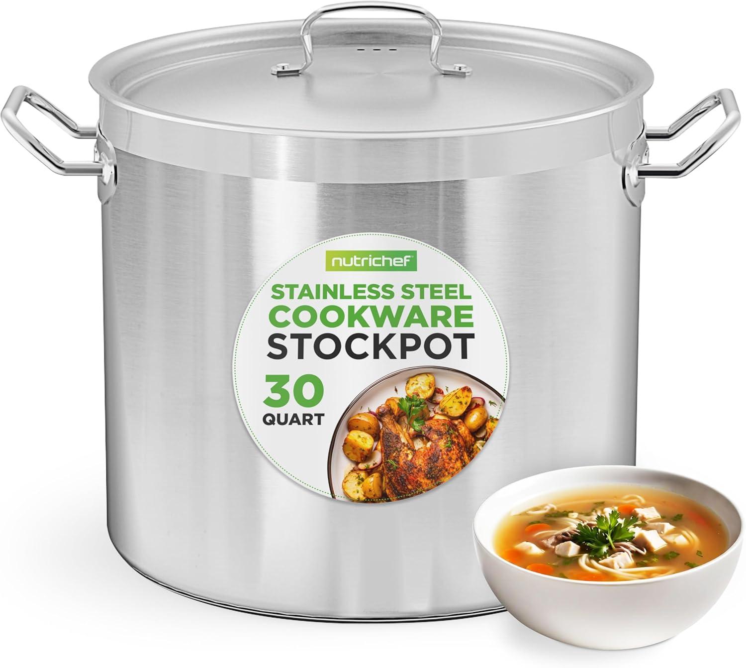 Nutrichef Stainless Steel Cookware Stockpot, 30 Quart Heavy Duty Induction Soup Pot With Stainless Steel Lid And Strong Riveted Handles