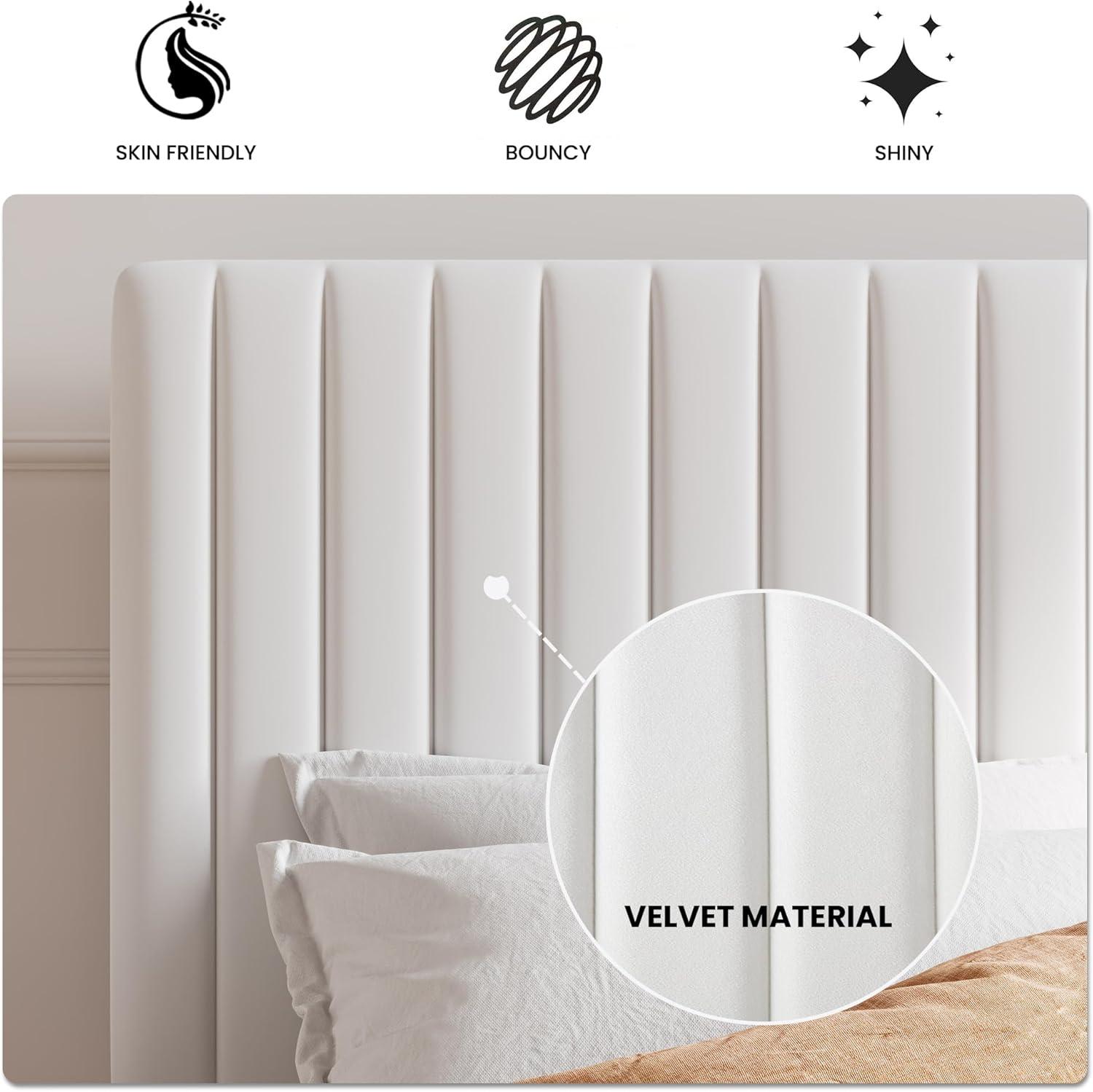 SHA CERLIN Full Upholstered Platform Bed Frame with Vertical Channel Tufted Velvet Fabric Adjustable Headboard, Wooden Slats Support, Mattress Foundation, Box Spring Optional, White