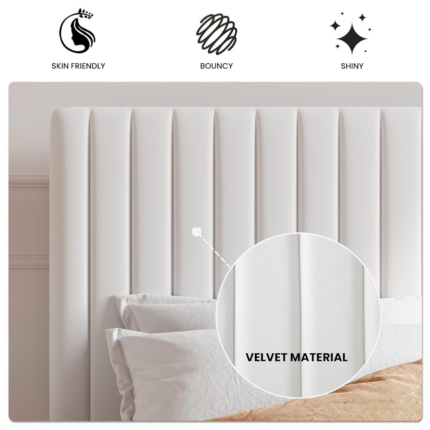 SHA CERLIN King Upholstered Platform Bed Frame with Vertical Channel Tufted Velvet Fabric Adjustable Headboard, Wooden Slats Support, Mattress Foundation, Box Spring Optional, White