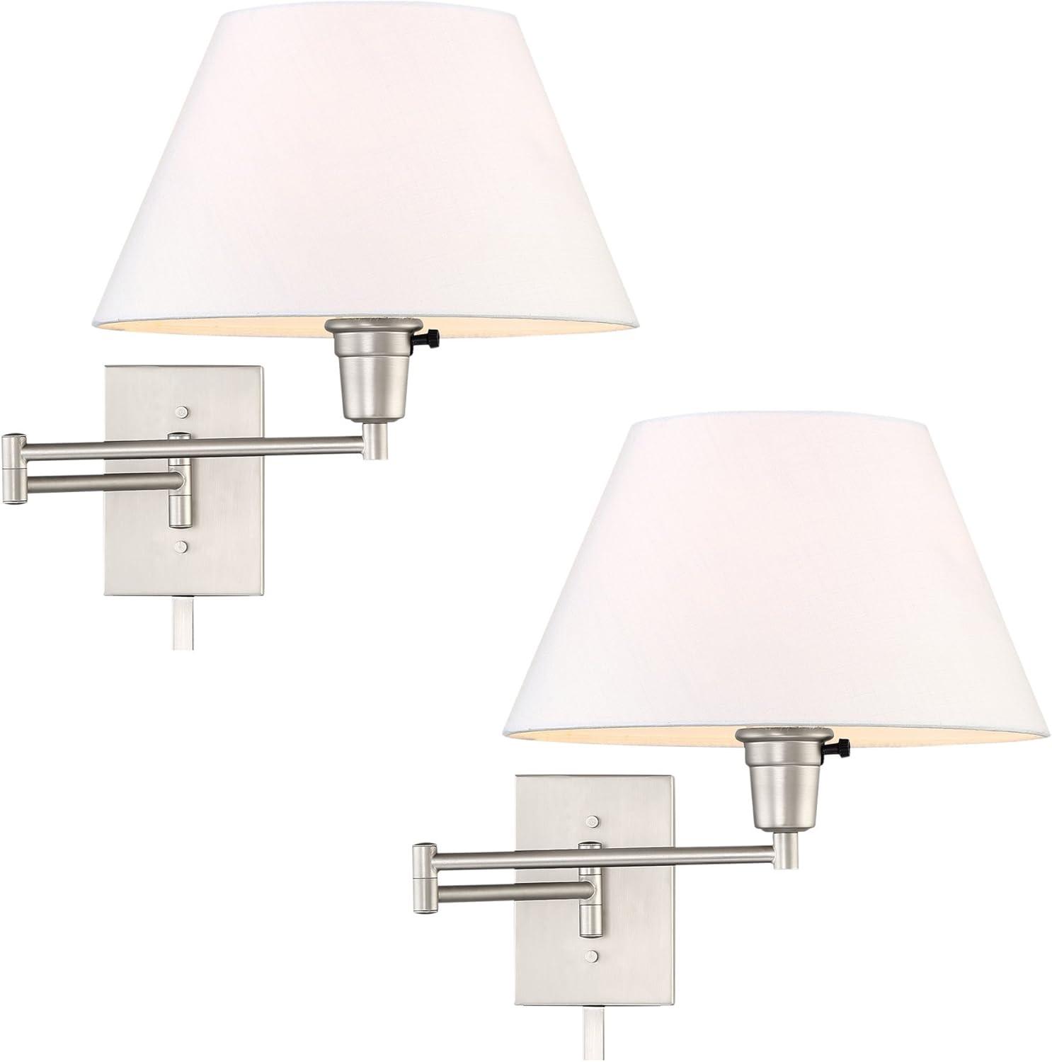 Revel Cambridge 13" Swing Arm Wall Lamp - Plug In/Wall Mount + White Fabric Shade, 150W 3-Way, Satin Nickel, 2-Pack