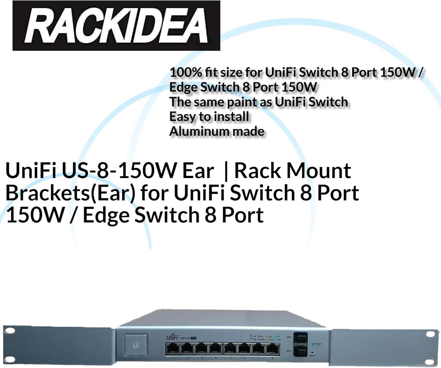 Silver Aluminum Rack Mount Brackets for UniFi 8-Port Switch