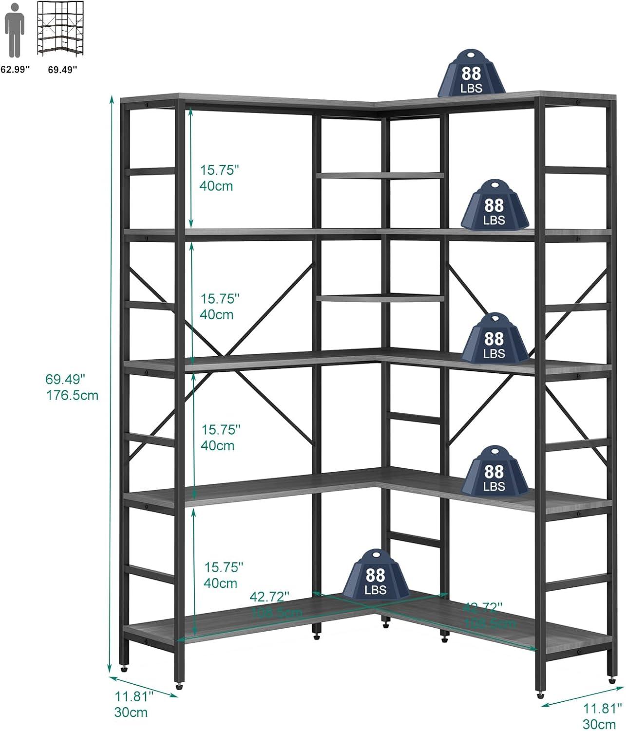 JAMFLY 5-Tier Corner Bookshelf, Industrial Corner Bookcase, Book Shelves with Metal Frame, Large Open Display Bookshelves, L-Shaped Shelf for Living Room, Home Office, Rustic Brown