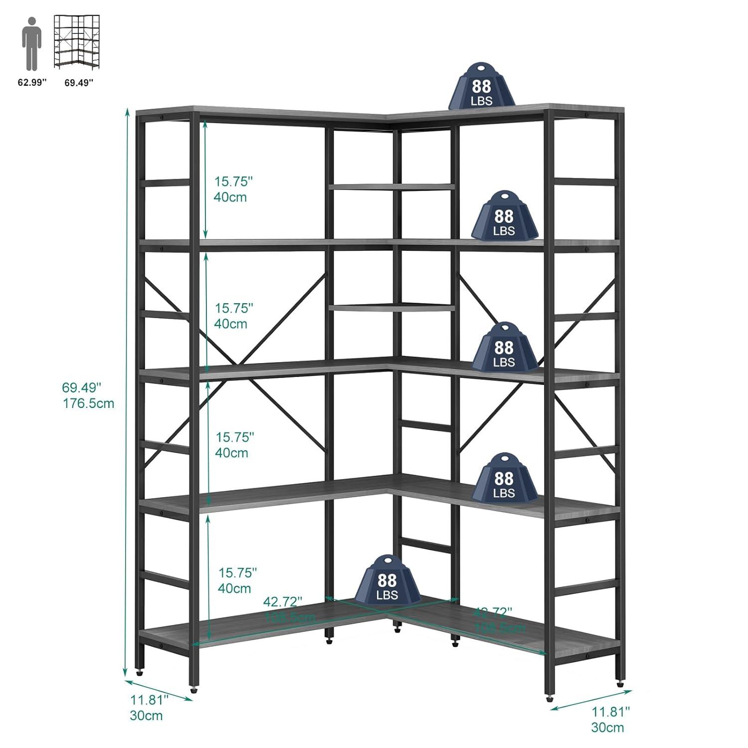 L-Shaped Corner Bookshelf, 5-Tier Industrial Bookcase with Heavy-Duty Metal Frame, Tall Storage Display Shelf for Bedroom, Living Room, and Home Office