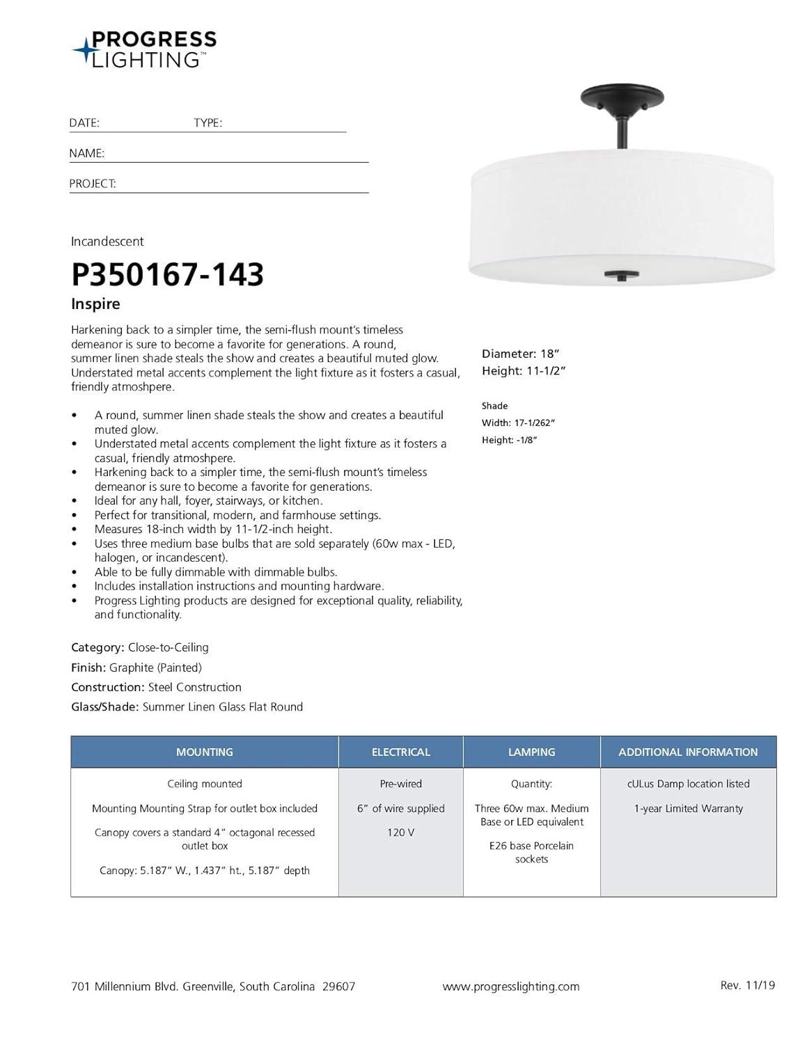Progress Lighting, Inspire Collection, 3-Light Semi-Flush Mount, Graphite, Summer Linen Shade