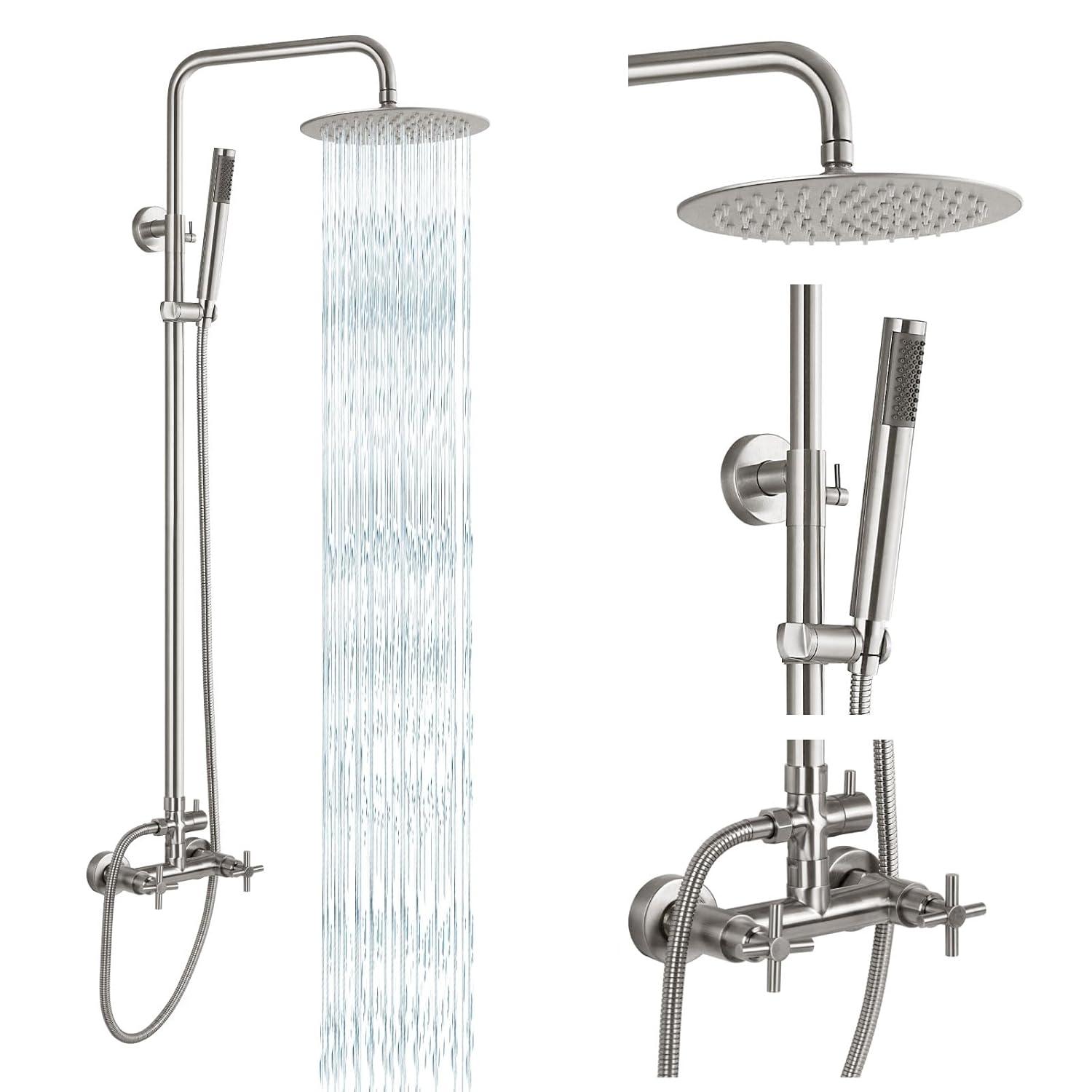 gotonovo SUS304 Outdoor Shower Fixture High Pressure Shower System Combo Wall Mount 2 Dual Function Shower Faucet Set Round Handheld Spray Brushed Nickel Single Handle