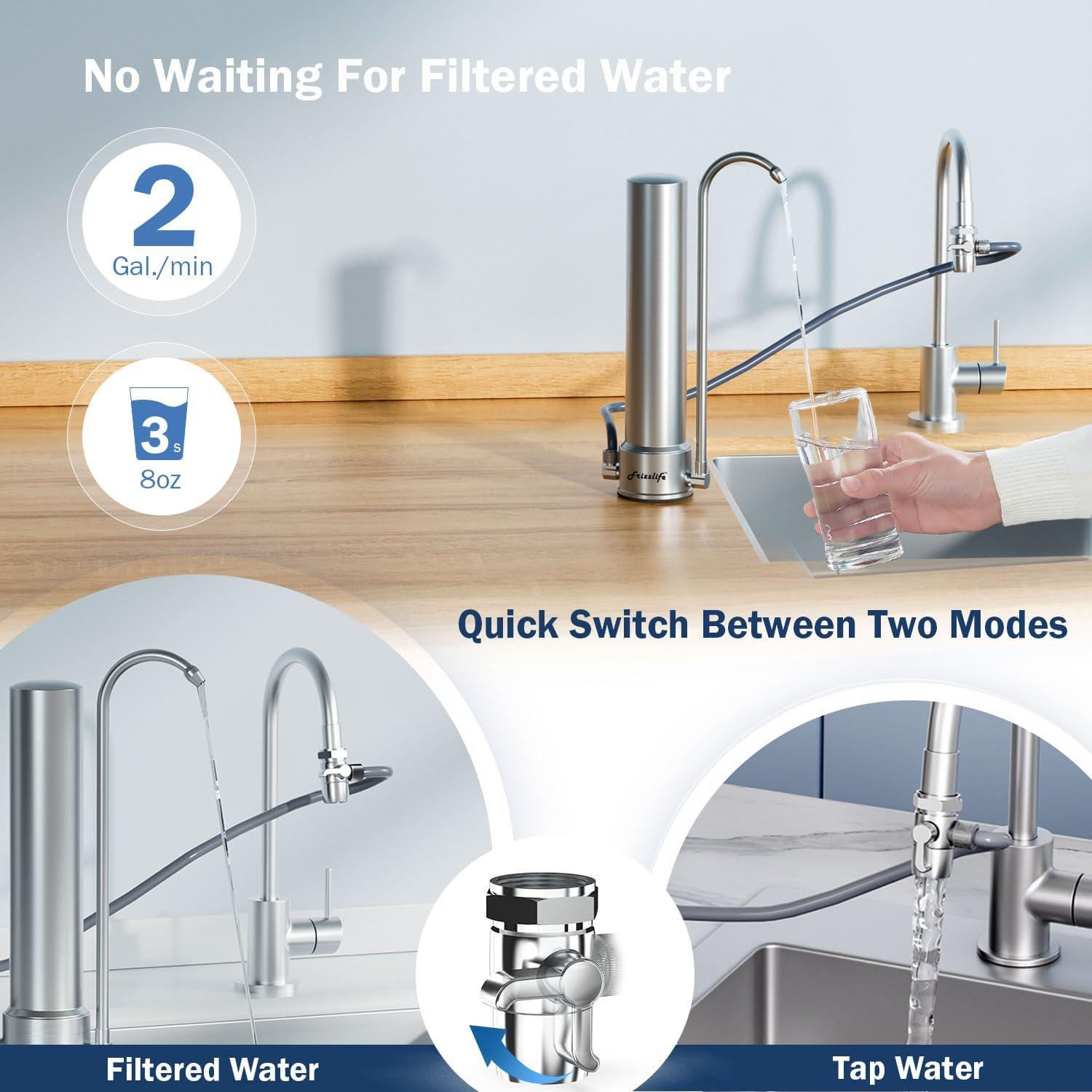 Frizzlife DS99 Dual Countertop Water Filter System, 8-Stage Stainless Steel Faucet Water Filtration System