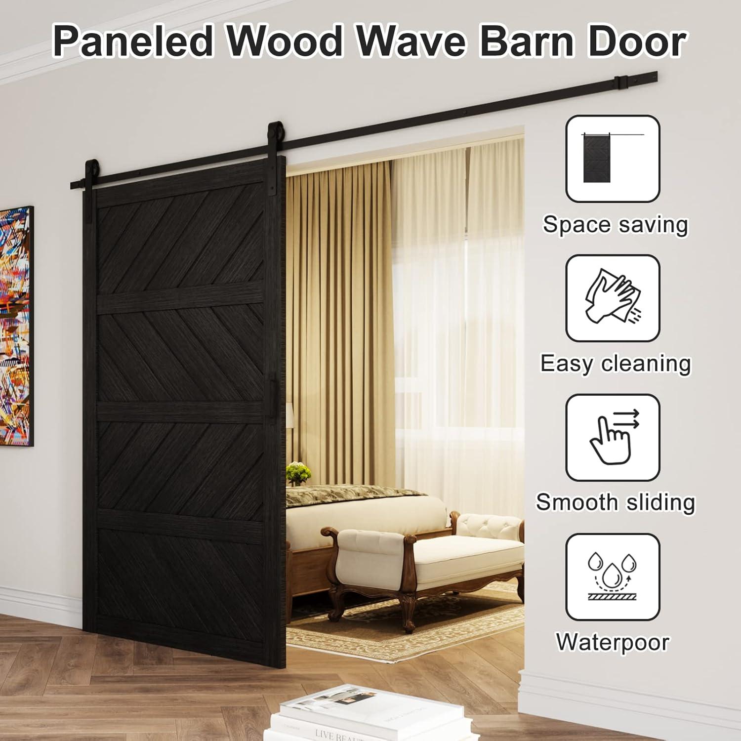Sliding Barn Door 48”x84”, Black Barn Door with Modern Paneled Wave Design, Complete Barn Door Set, Waterproof PVC Surface, Assembly Required for Bedroom, Living Room, Closet, or Bathroom