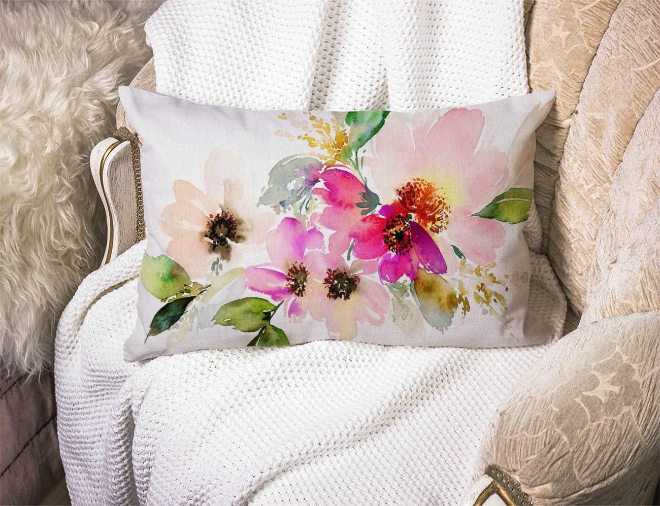 12x20 Inches Pillow Covers Rustic Farmhouse Decor Beautiful Watercolor Flower Pillowcases Cotton Linen Pink Floral Throw Pillow Case Cushion Cover for Sofa Couch Bedroom