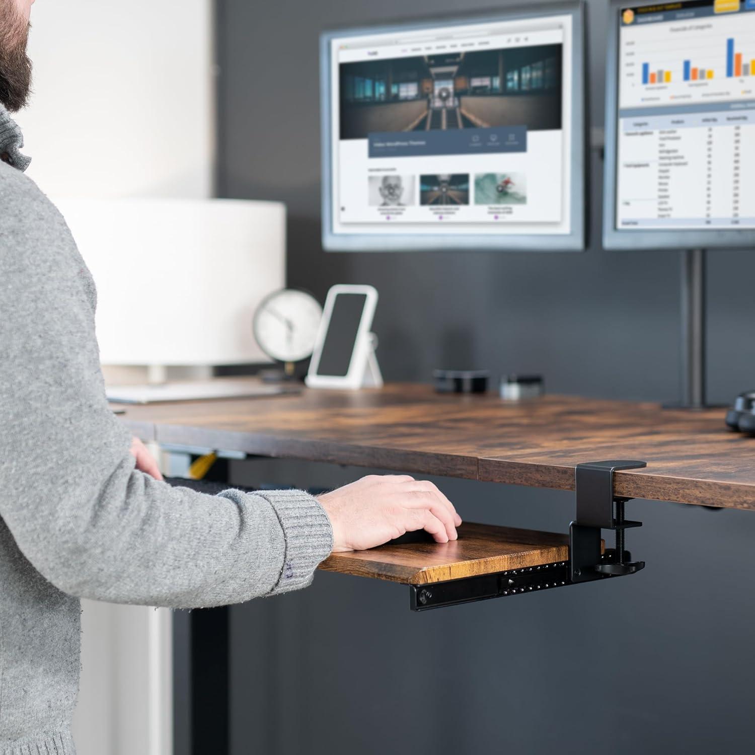 VIVO Vintage Brown Extra Long Clamp-on Computer Keyboard Mouse Under Desk Tray