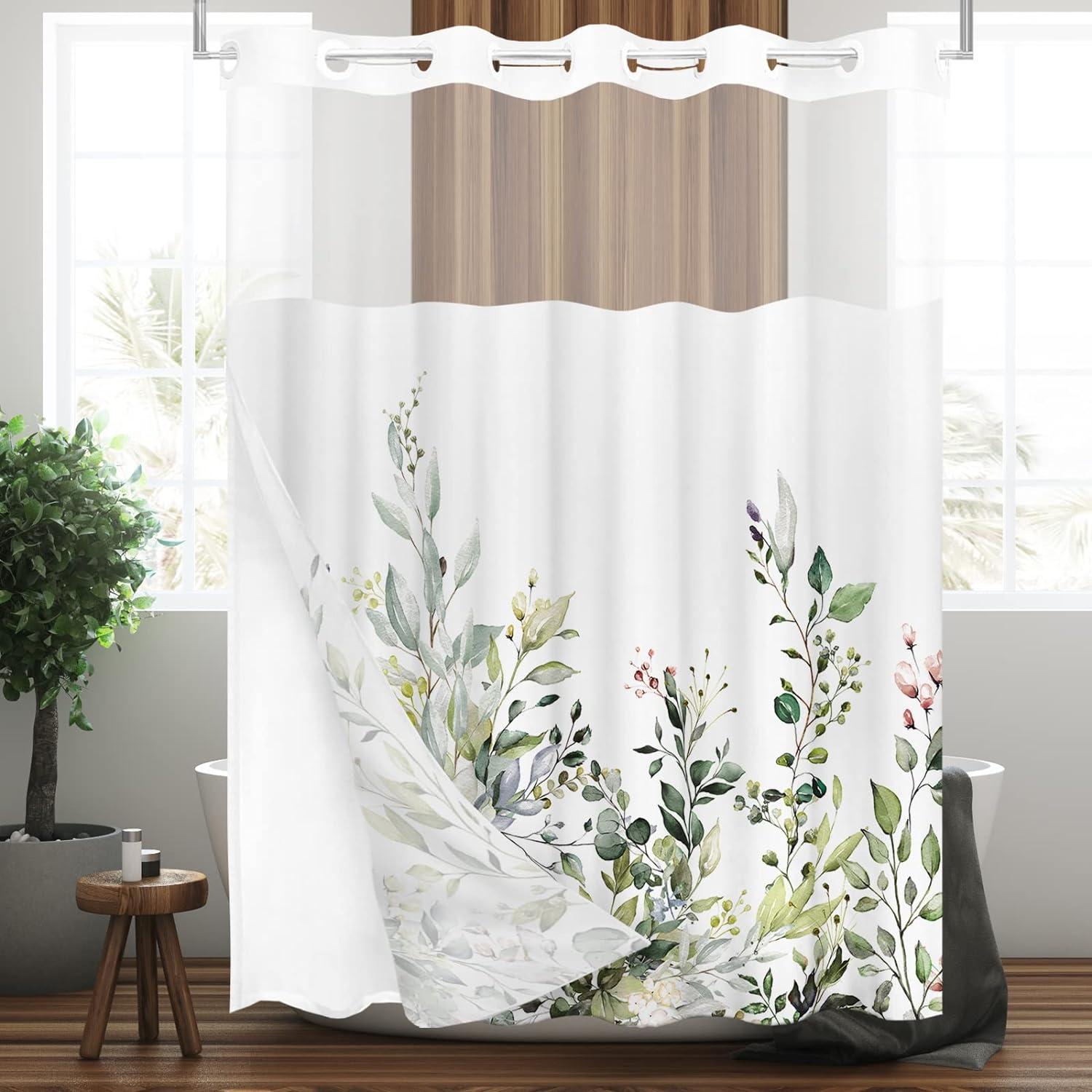 Green Eucalyptus Leaves Hookless Shower Curtain with Snap-in Liner