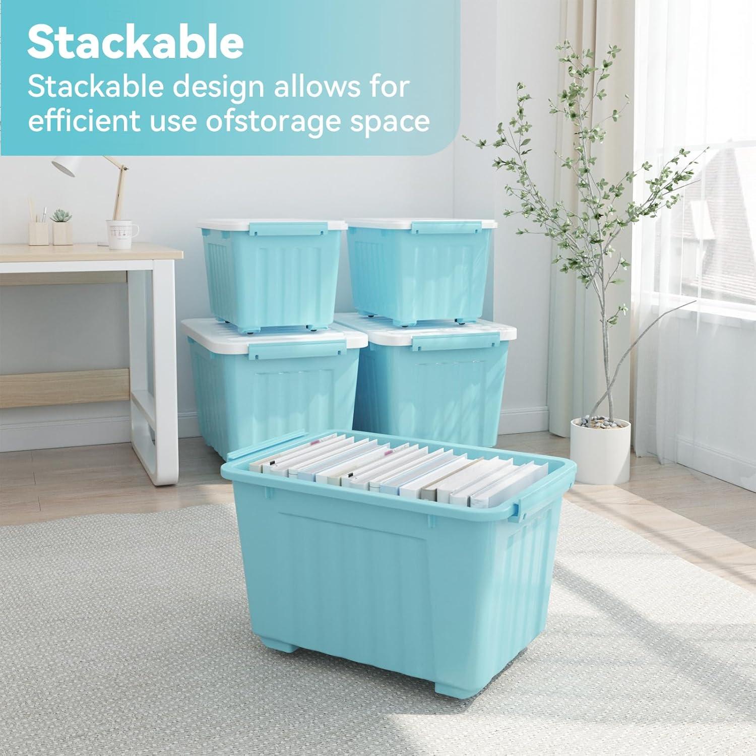 72 Quart Plastic Storage Bin, Stackable and Nestable Storage Boxes with Lids and Secure Latching Buckles, Large Storage Container (Blue, 72Quart-4Pack)