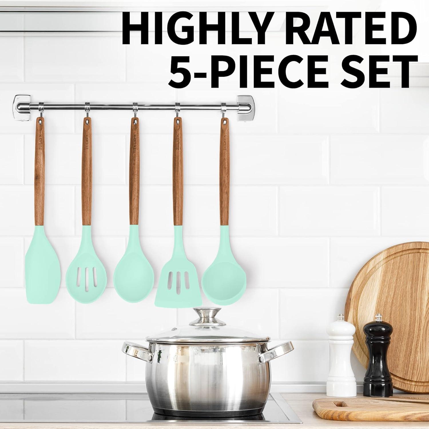 Aqua Silicone and Acacia Wood 5-Piece Cooking Utensil Set