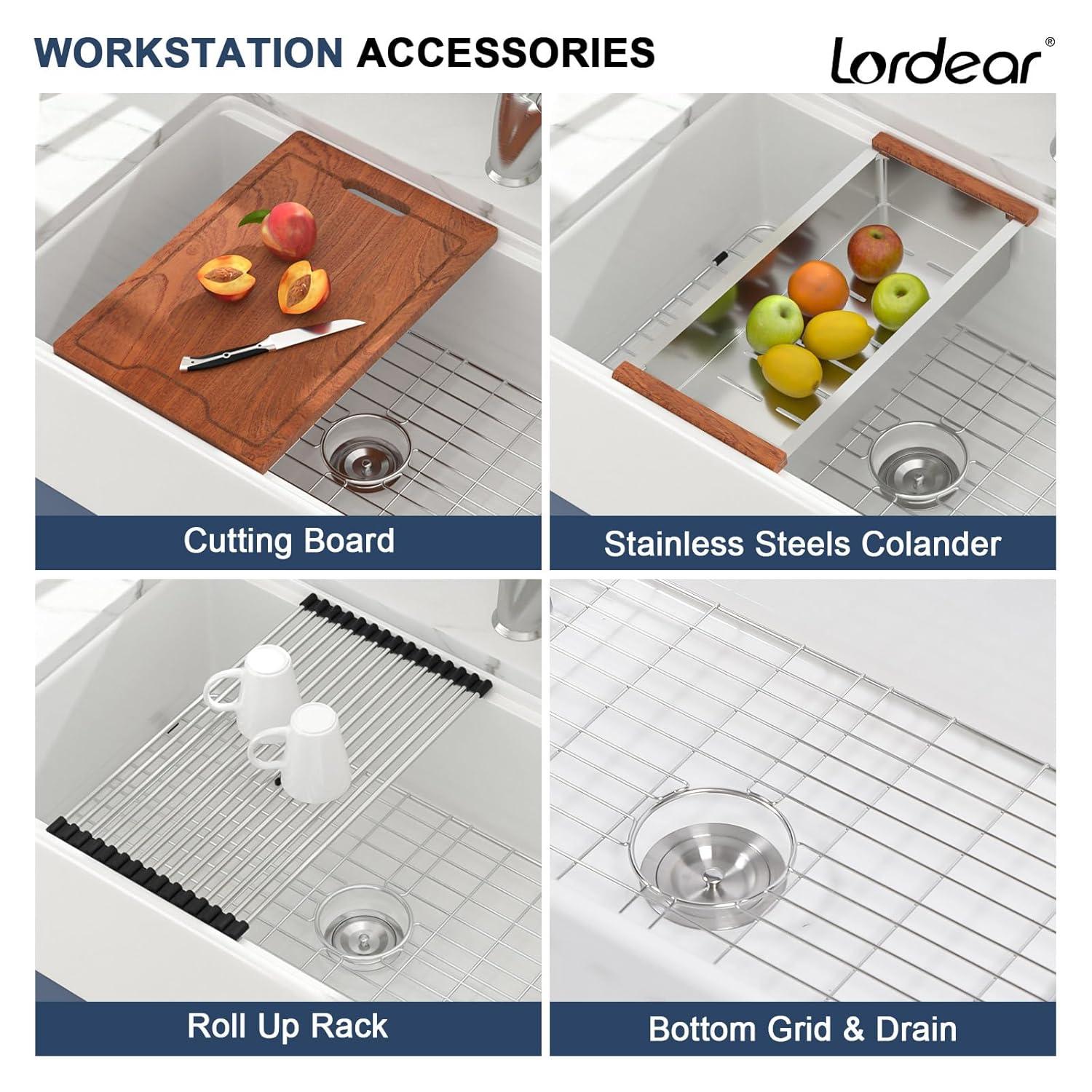 33"L x 20"W Farmhouse Kitchen Sink Deep Single Bowl Fireclay Workstation Sink with Cutting Board and Dish Drying Rack
