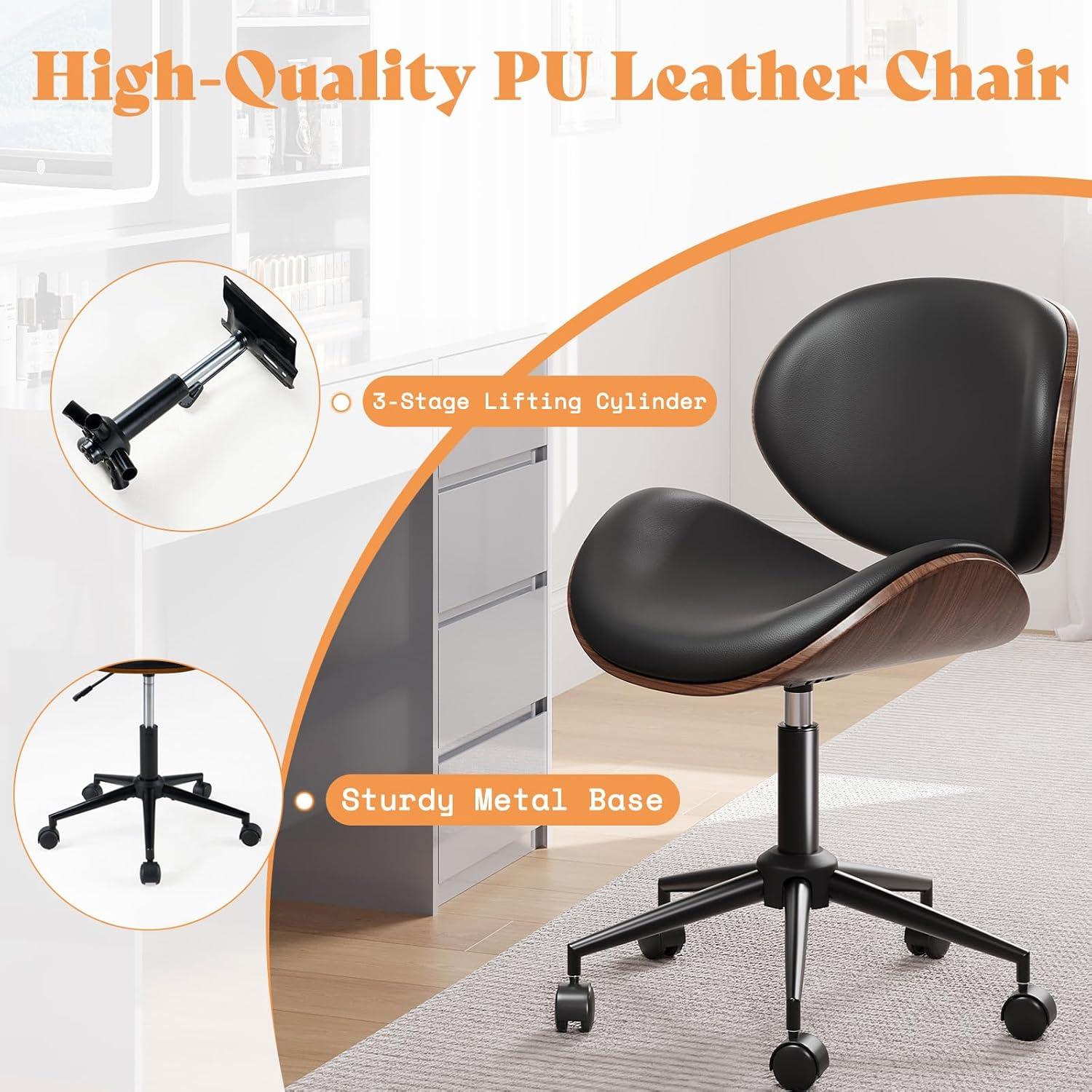 Black PU Leather Swivel Armless Office Chairs with Wood Accents, Set of 2