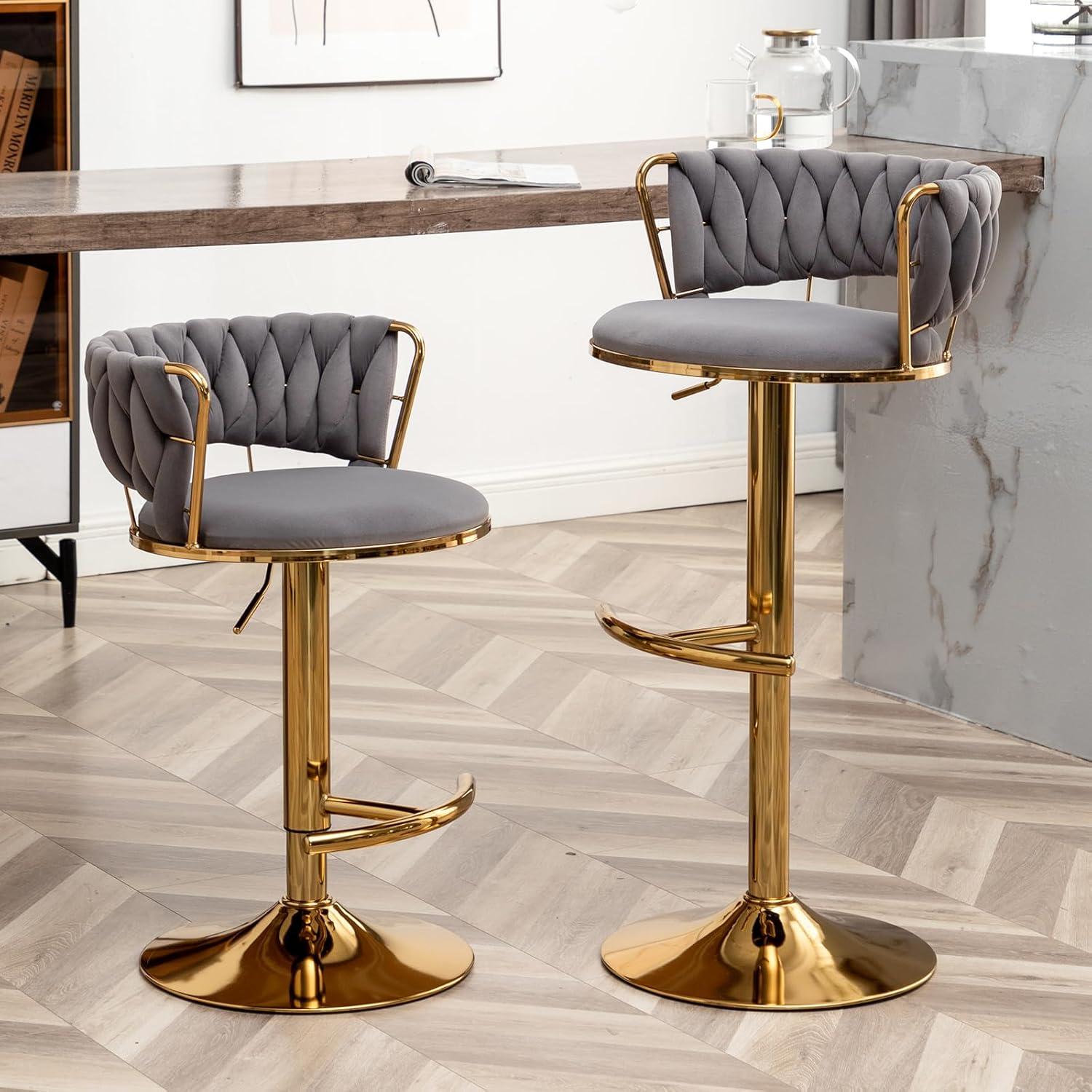 Velvet Bar Stools Set of 2, Counter Height Bar Stools with Low Back, Gold Swivel Barstools for Kitchen Island, Bar Pub (Grey)