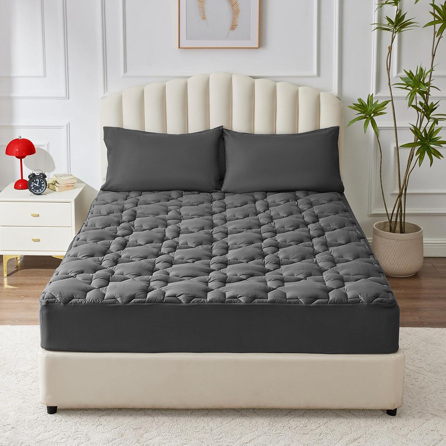 Full Dark Grey Cotton Quilted Mattress Pad with Deep Pockets