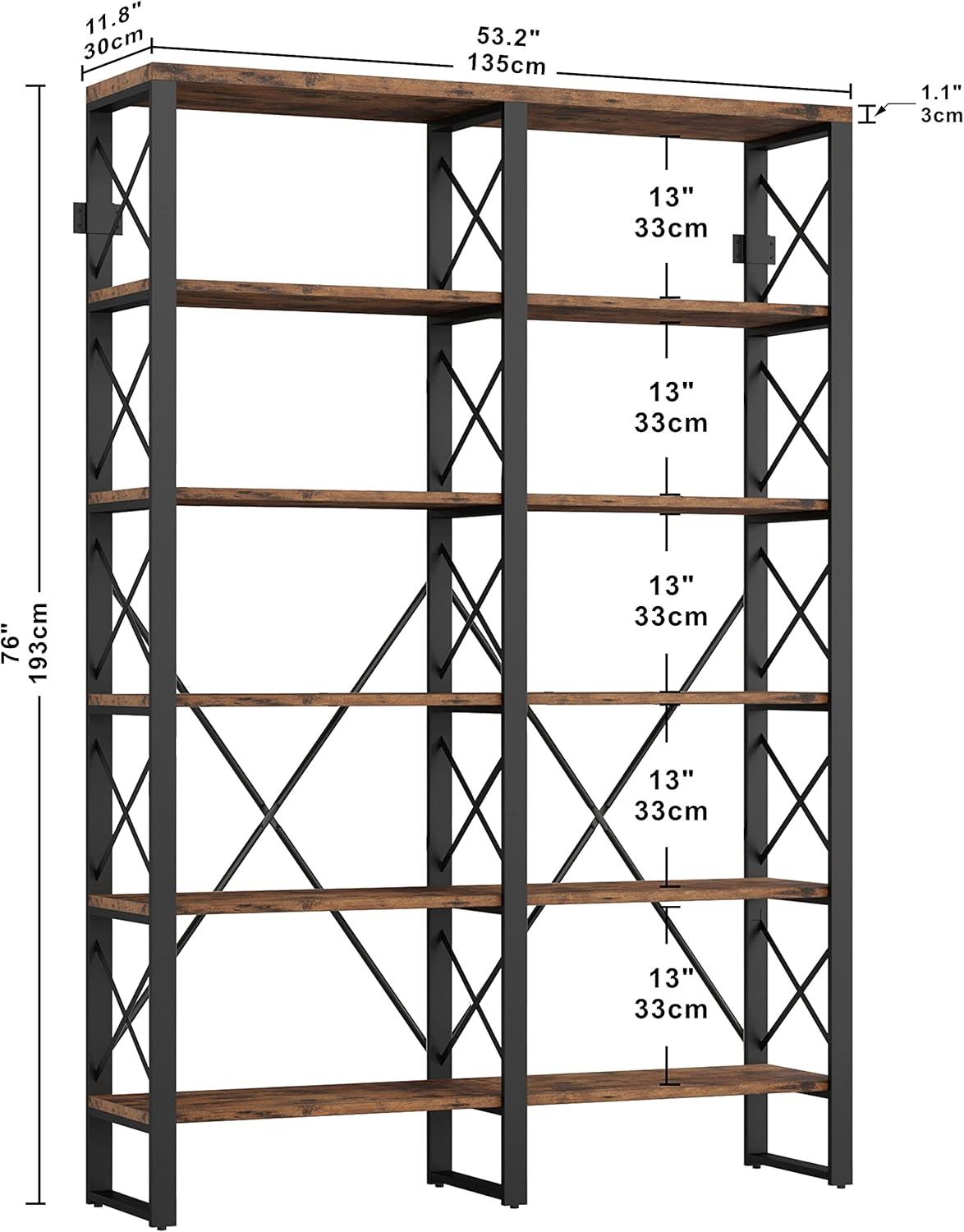 IRONCK Bookshelf Double Wide 6-Tier 76" H Industrial Style Wood and Metal for Home Office, Vintage Brown