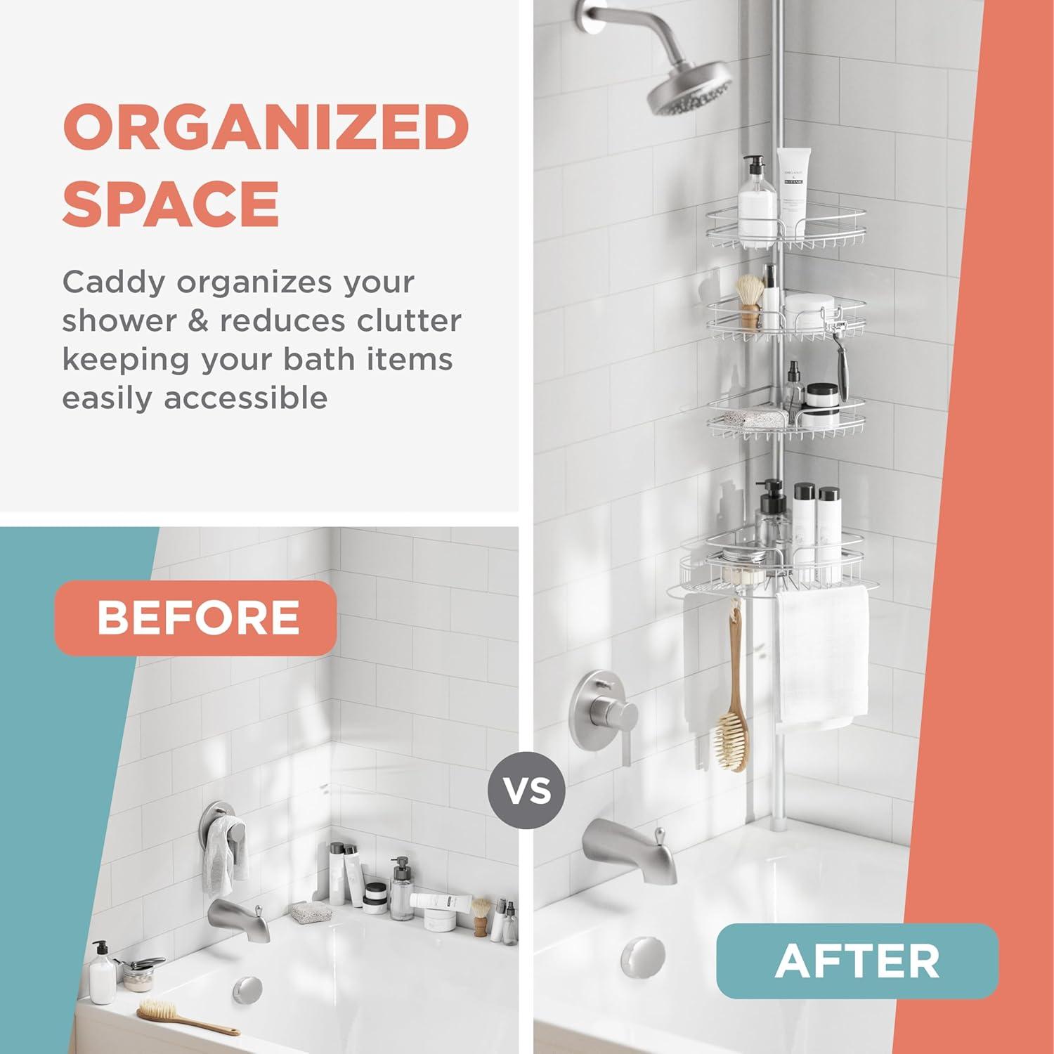 Zenna Home Tension Pole Shower Caddy 4 Basket Shelves with Built-in Towel Bar, Adjustable, 60 to 97 Inch, Chrome