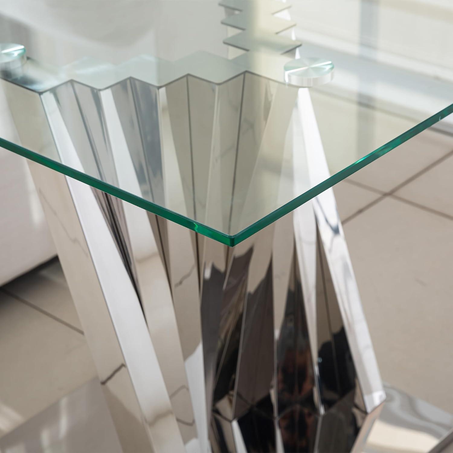 Ssline Silver Mirror Finish Stainless Steel Base End Table with Tempered Glass Top,Size 22.84*22.84*21.65