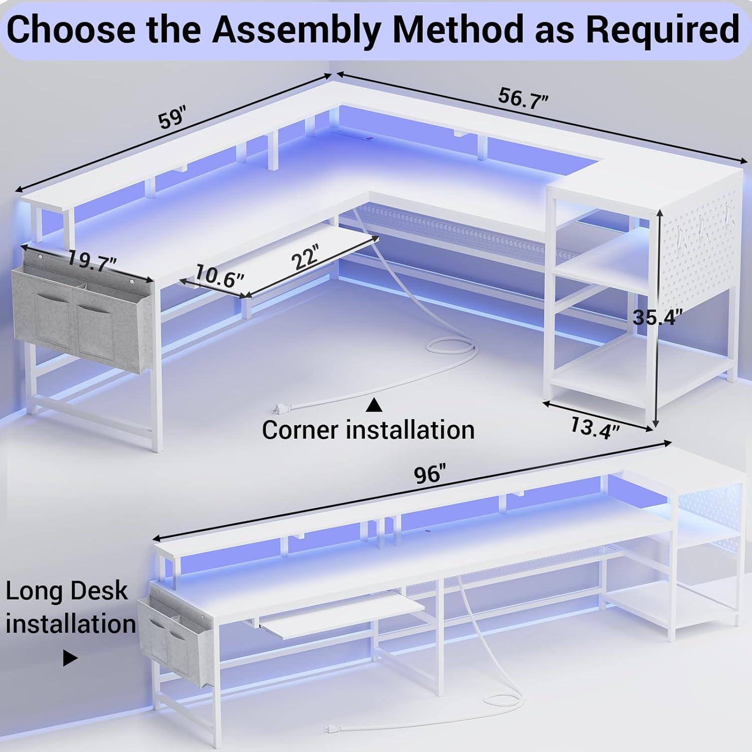 L Shaped Gaming Desk, Reversible Computer Desk with Power Outlets and LED Strip for Home Office, White