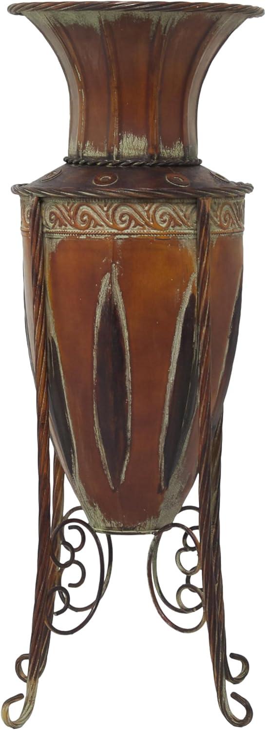 DecMode 27" Tall Brown Metal Vase with Attached Metal Stand and Intricate Design