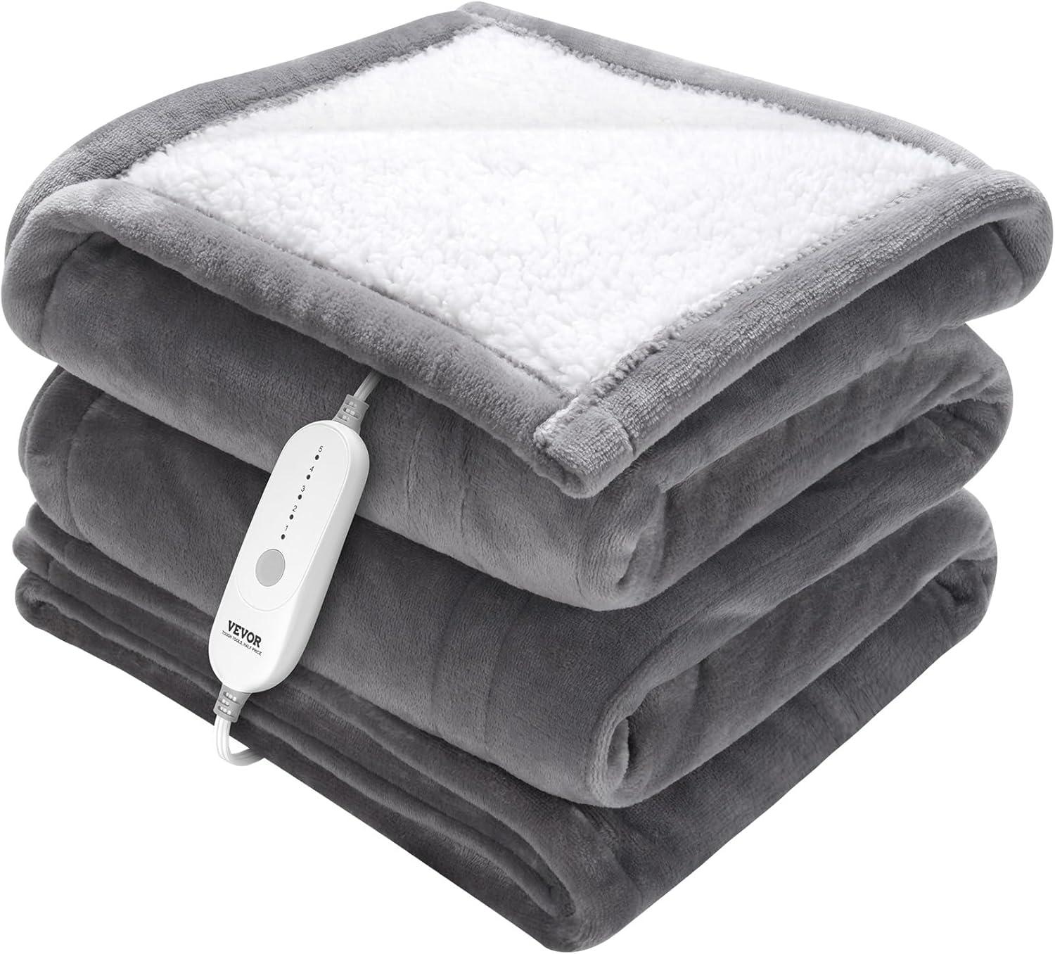 Superjoe Electric Heated Blanket, 60" x 50" Double-Layer Flannel, 4 Heat Settings and Auto-off, Holiday Gift for Family, Gray