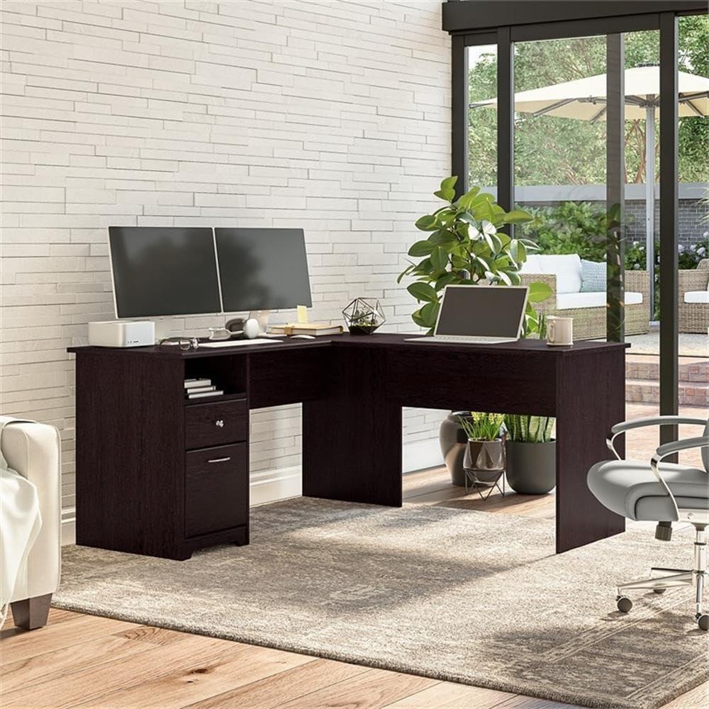 Espresso Oak L-Shaped Home Office Desk with Drawer and Filing Cabinet