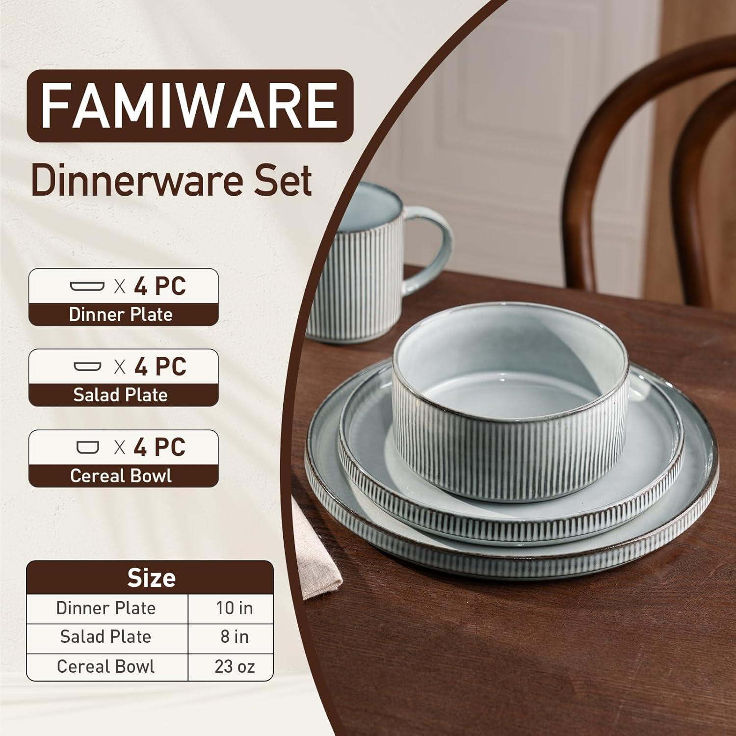 Famiware Star Stoneware Dinnerware Sets, Plates and Bowls Set for 4, 12 Piece Dish Set, Smoky Blue