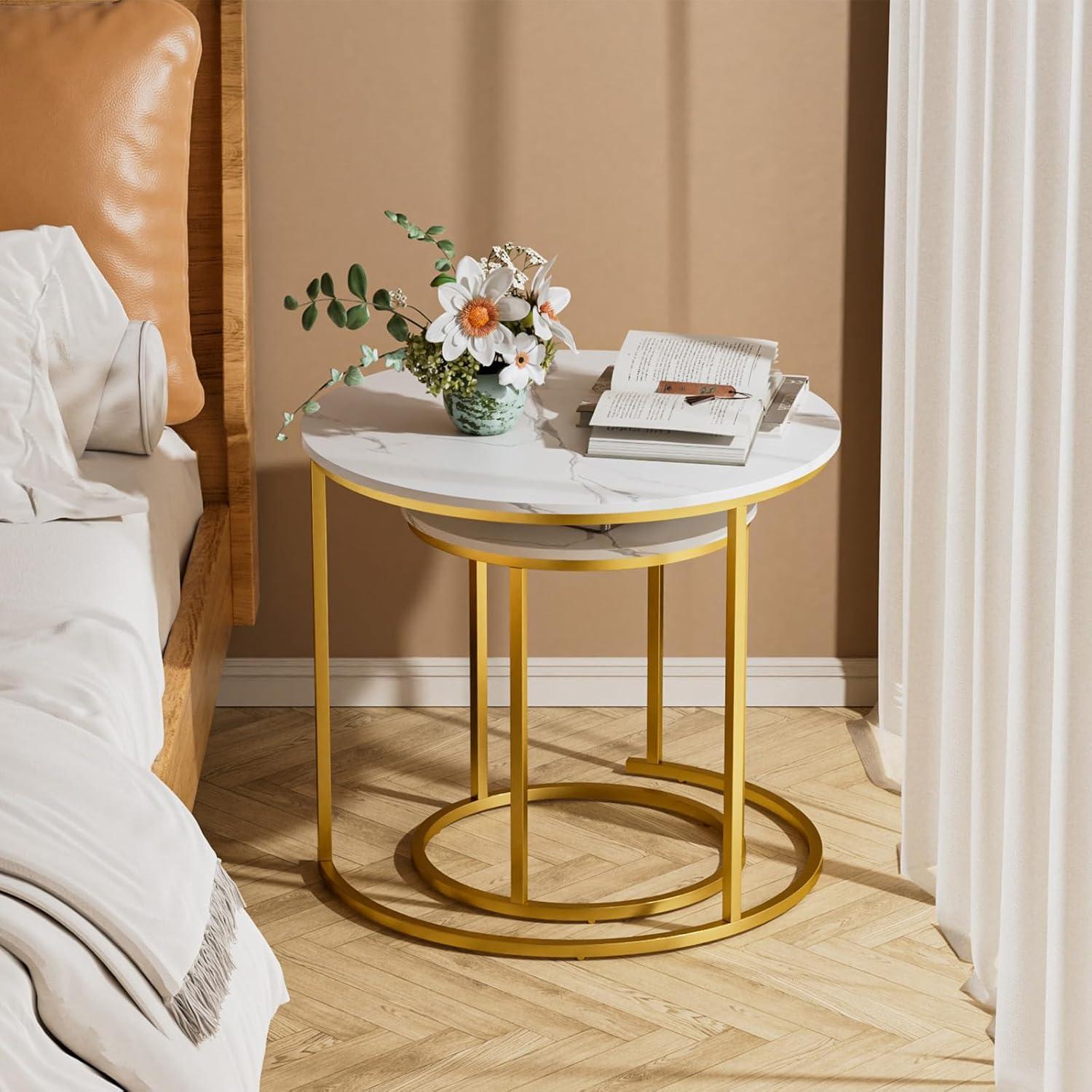 Yesfashion Nesting Coffee Table Set Of 2, 27.6" Round Coffee Table Wood Top With Sturdy Metal Frame, End Table Side Tables For Living Room Bedroom Balcony Yard