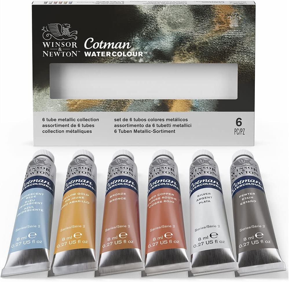 Winsor & Newton Cotman Watercolor Tube Set, 6-Color Metallic Collection Set