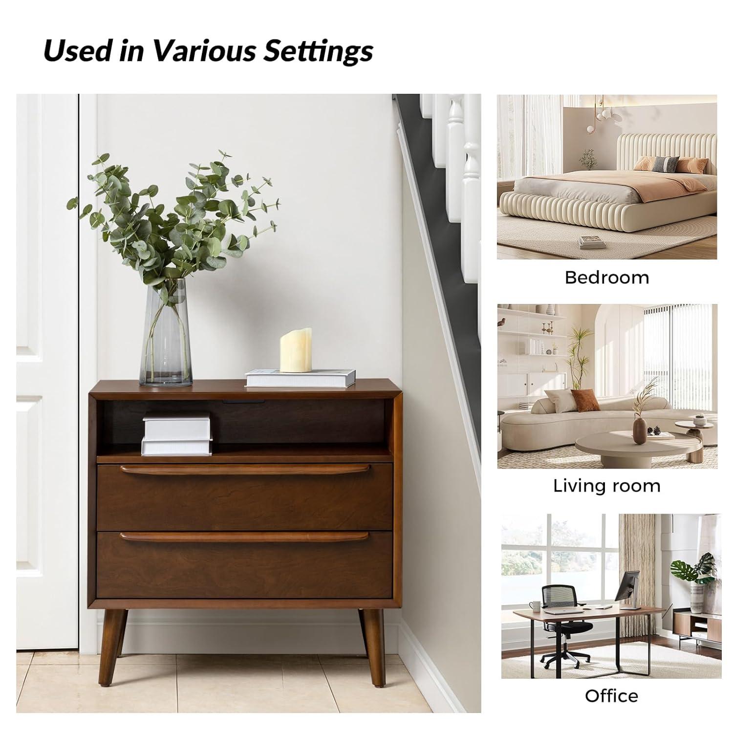 Margery Mid-century Modern 2 - Drawer Nightstand with Built-In Outlets | HULALA HOME-WALNUT