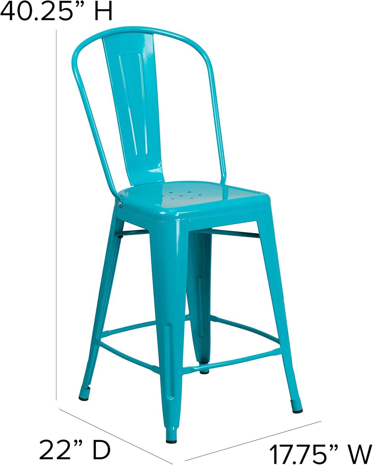 Emma and Oliver Commercial Grade 24"H Teal-Blue Metal Indoor-Outdoor Counter Stool w/ Back
