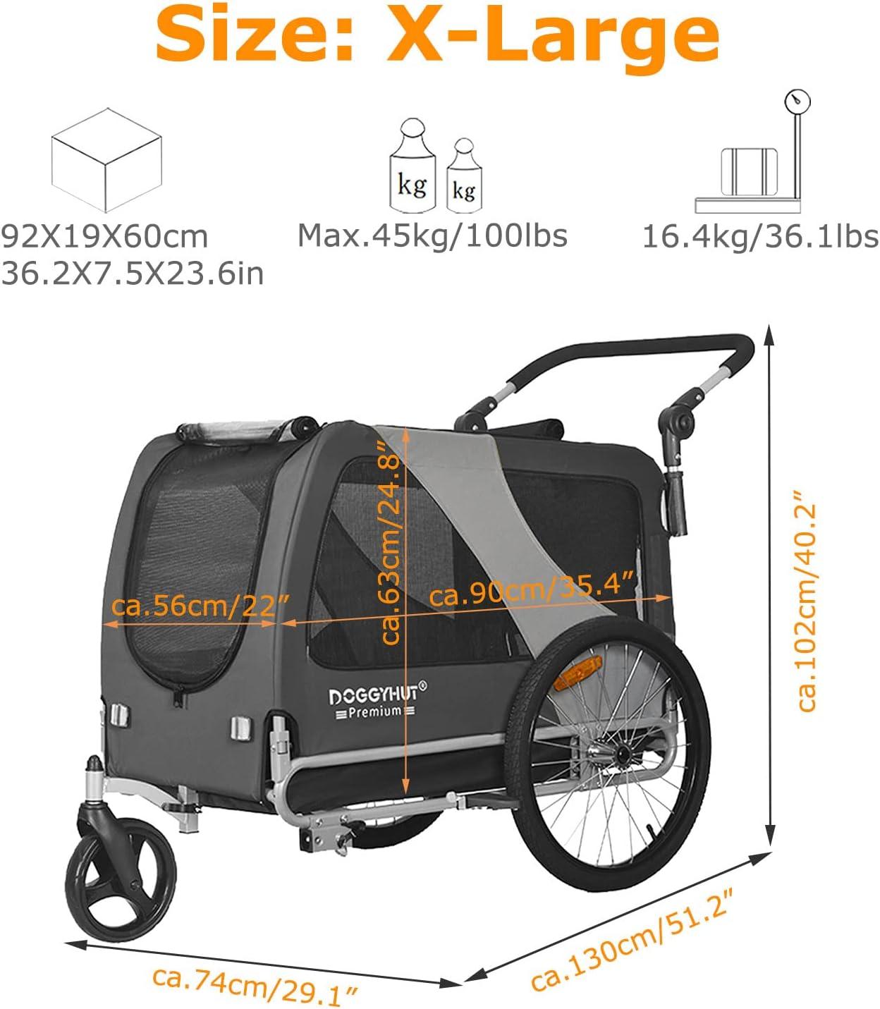 DOGGYHUT Premium XL Pet Bike Trailer & Stroller for Large Sized Dog or Multiple Small Dogs,Low Center of Gravity,Parking Brakes,Easy Folding Frame,Bicycle Carrier