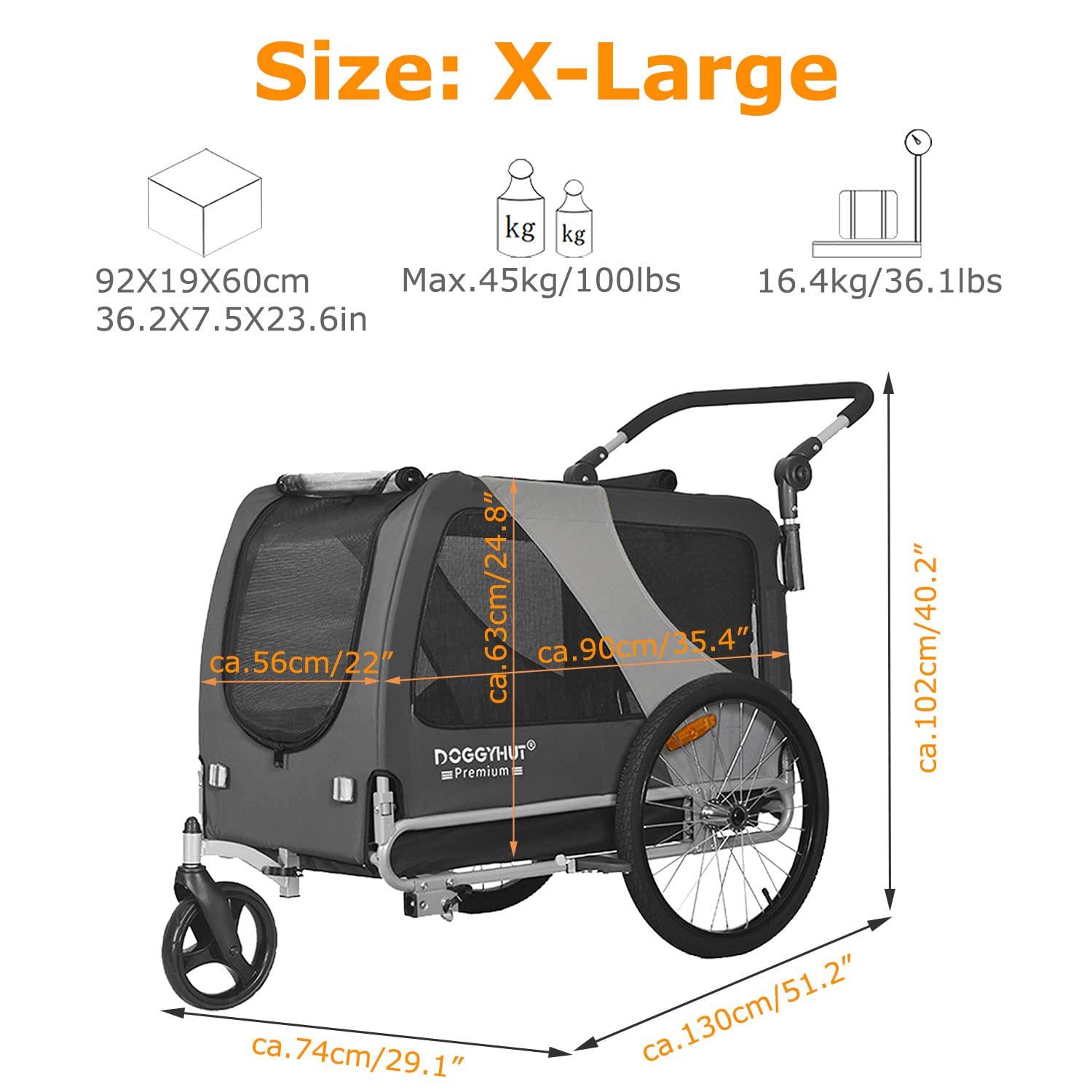 DOGGYHUT Premium XL Pet Bike Trailer & Stroller for Large Sized Dog or Multiple Small Dogs,Low Center of Gravity,Parking Brakes,Easy Folding Frame,Bicycle Carrier