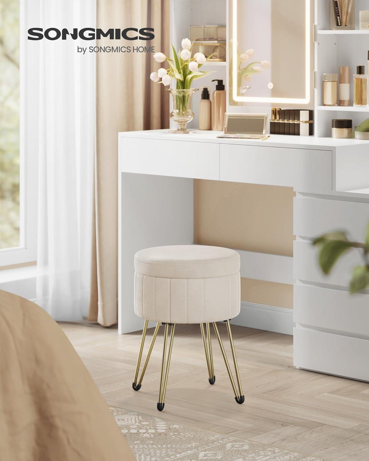 SONGMICS Vanity Stool Chair, Small Ottoman with Storage, Velvet Makeup Stool, 15.4 Dia. x 17.4 H Inches, 4 Metal Legs, for Makeup Room, Living Room, Bedroom, Cream White ULOM003W01