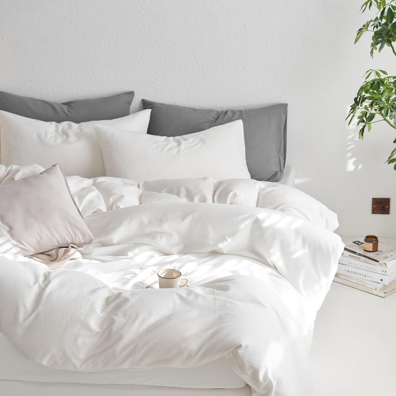 MOOMEE Linen Like Textured 100% Washed Cotton Twill Duvet Cover Set Ultra Soft