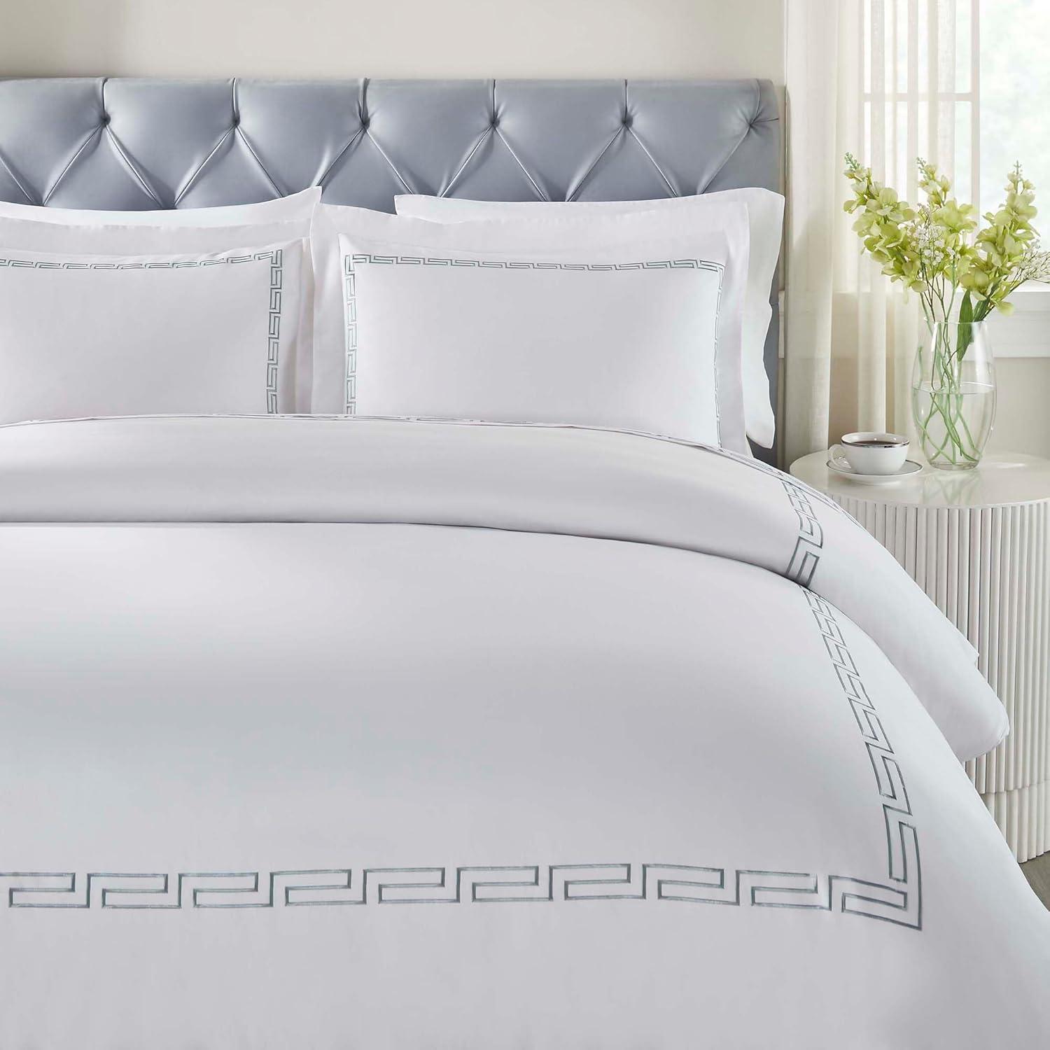 White-Silver Greek Key Embroidered Cotton Duvet Cover Set