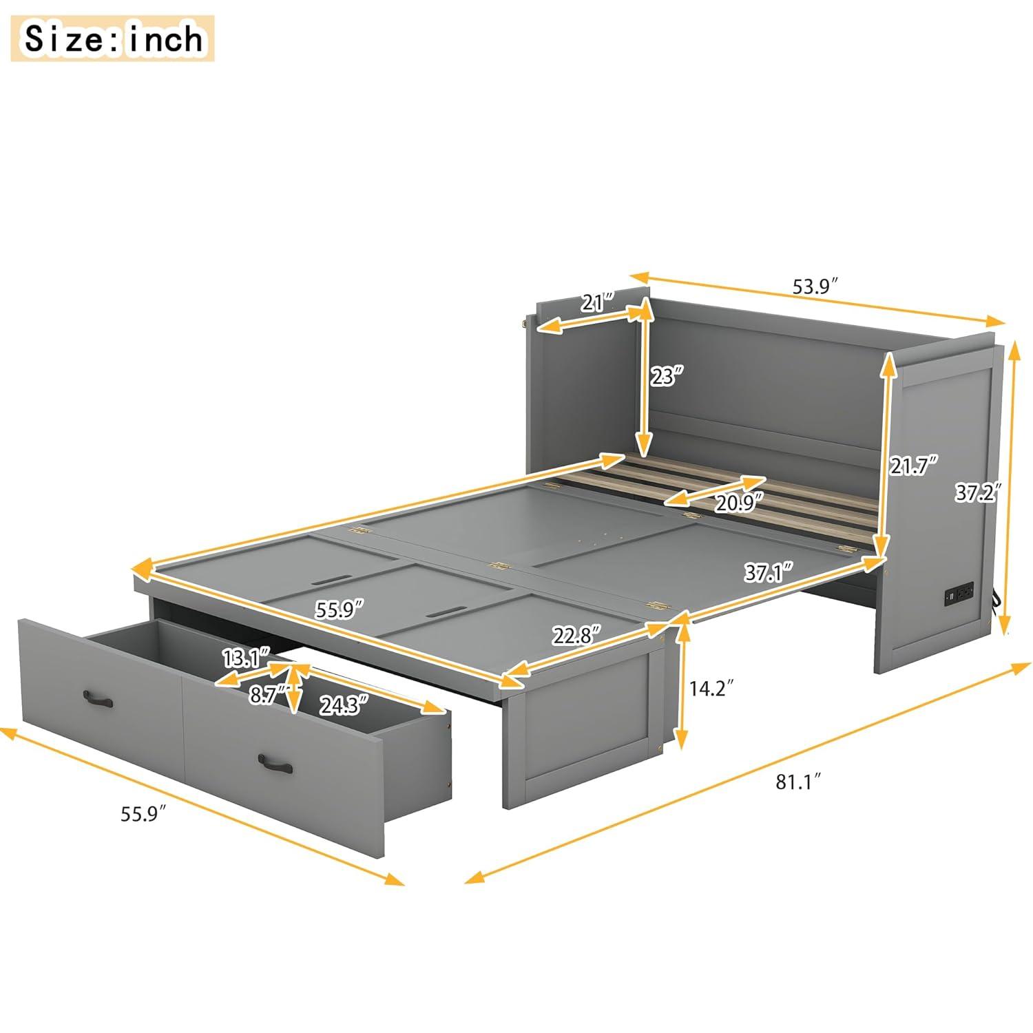 Harper & Bright Designs Full Size Murphy Bed with USB Port and a Large Drawer, Space-Saving Wall Bed for Multipurpose Guest Room or Home Office - White