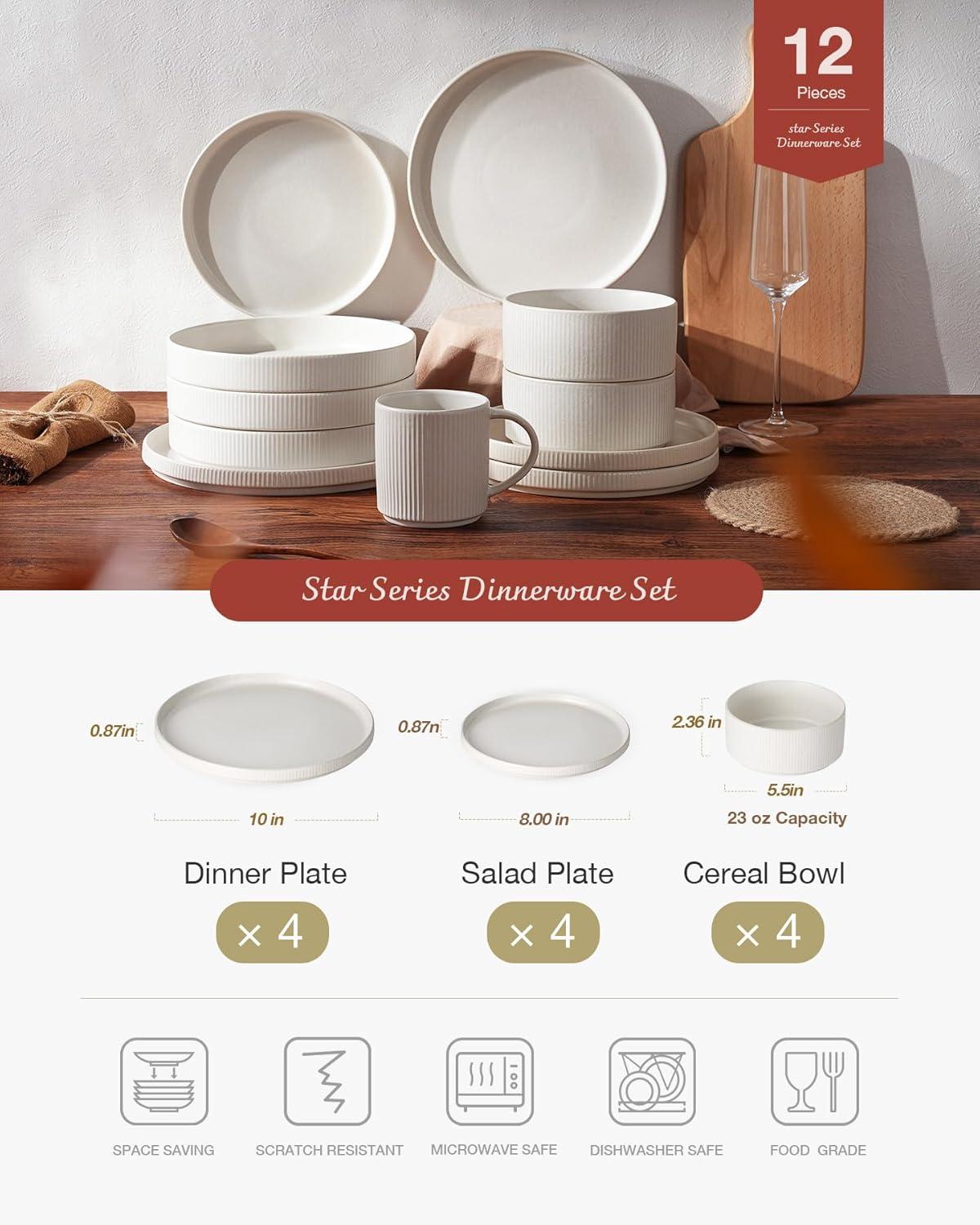 Famiware Star Stoneware Dinnerware Sets, Plates and Bowls Set for 4, 12 Piece Dish Set, Matte White