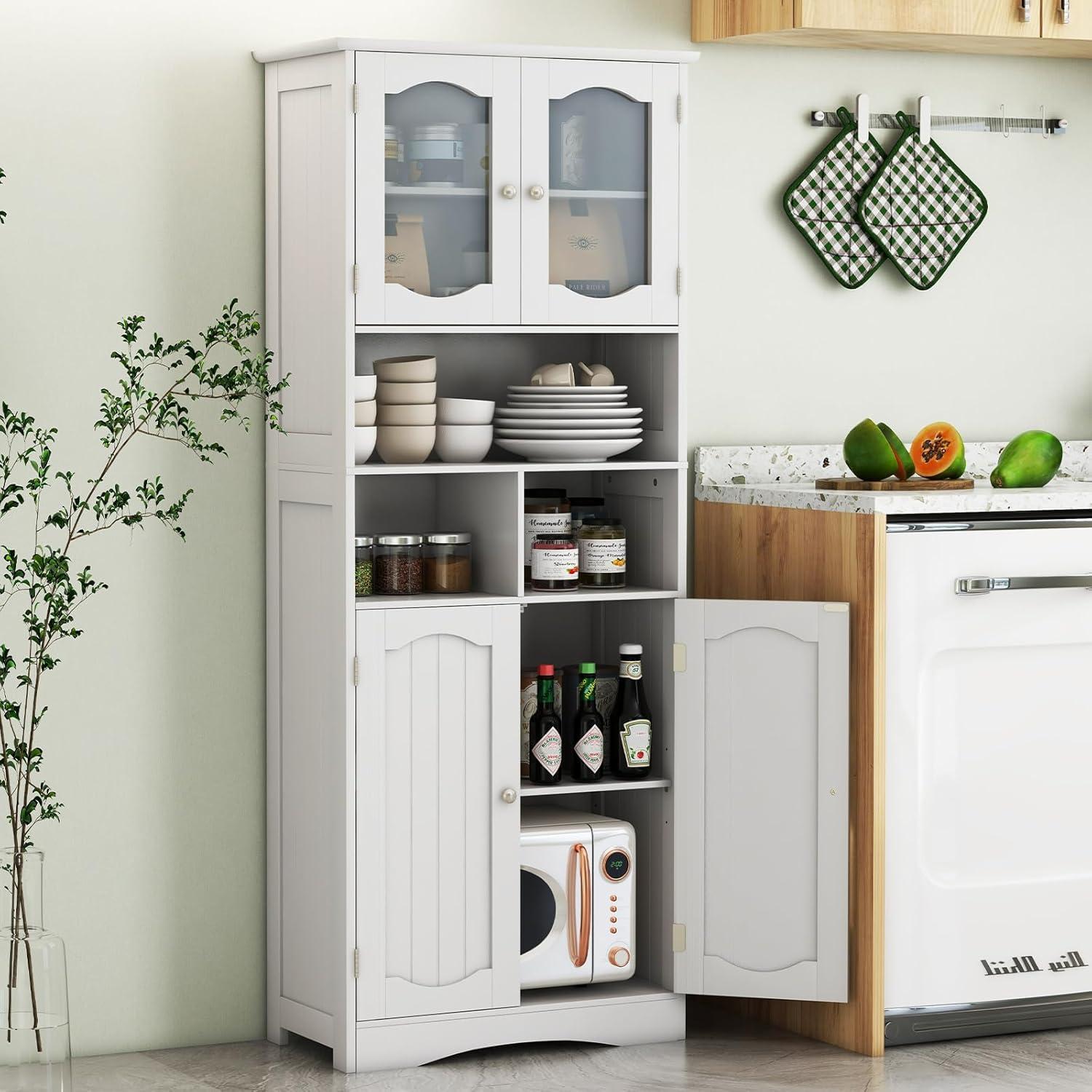 White Tall Freestanding Cabinet with Frosted Glass Doors and Adjustable Shelves