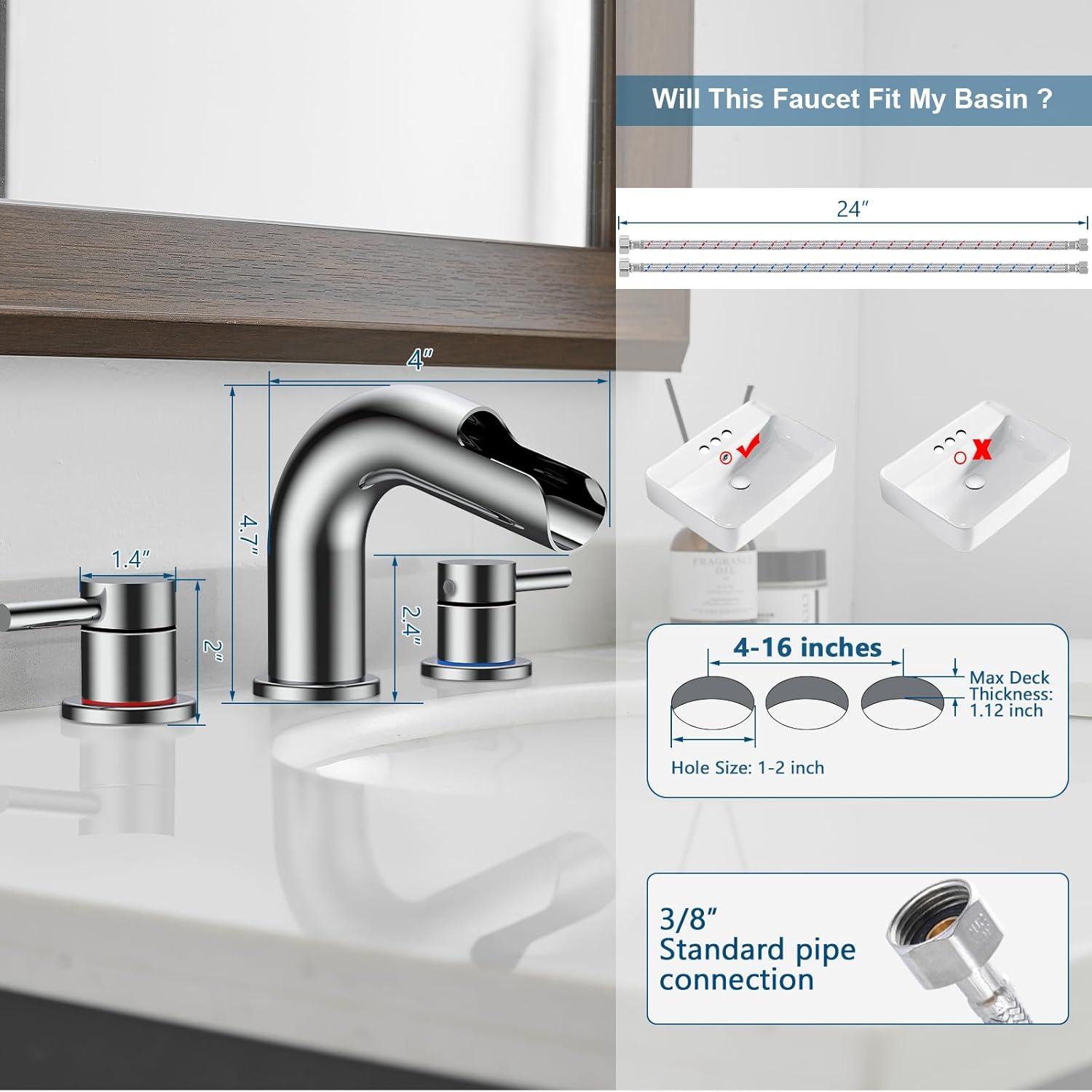 Qomolangma Waterfall Bathroom Faucets 3 Holes 2 Handles - Brushed Gold Bathroom Sink Faucets Widespread with Pop Up Drain, Lavatory Mixer Tap for Bathroom Sink RV Vessel Basin