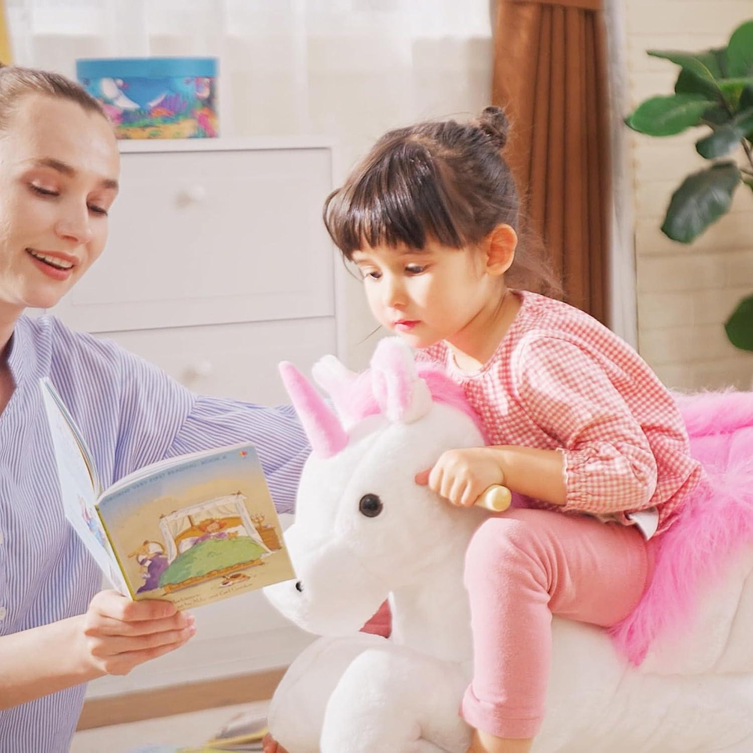 Qaba Kids Rocking Horse, Wooden Plush Ride-On Unicorn Chair Toy with Lullby Song for 18-36 months children