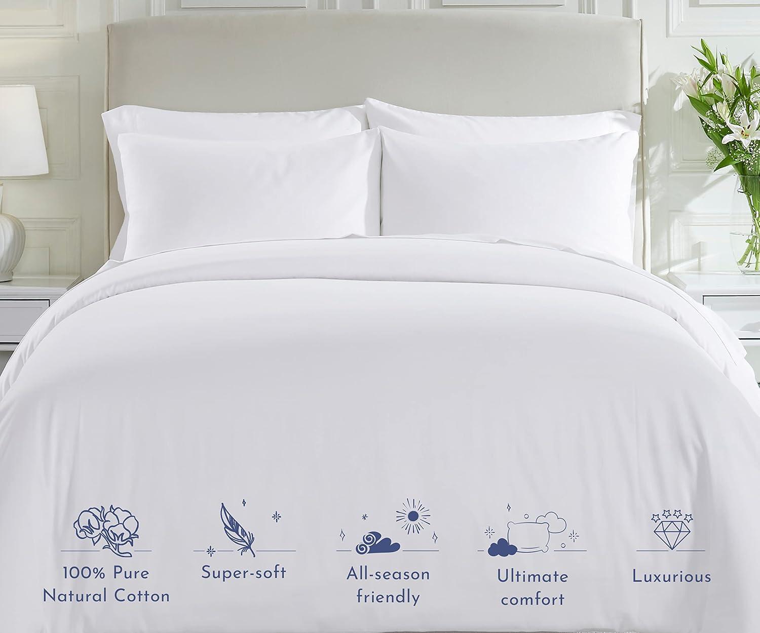 King Size White Cotton Sateen Duvet Cover with Button Closure