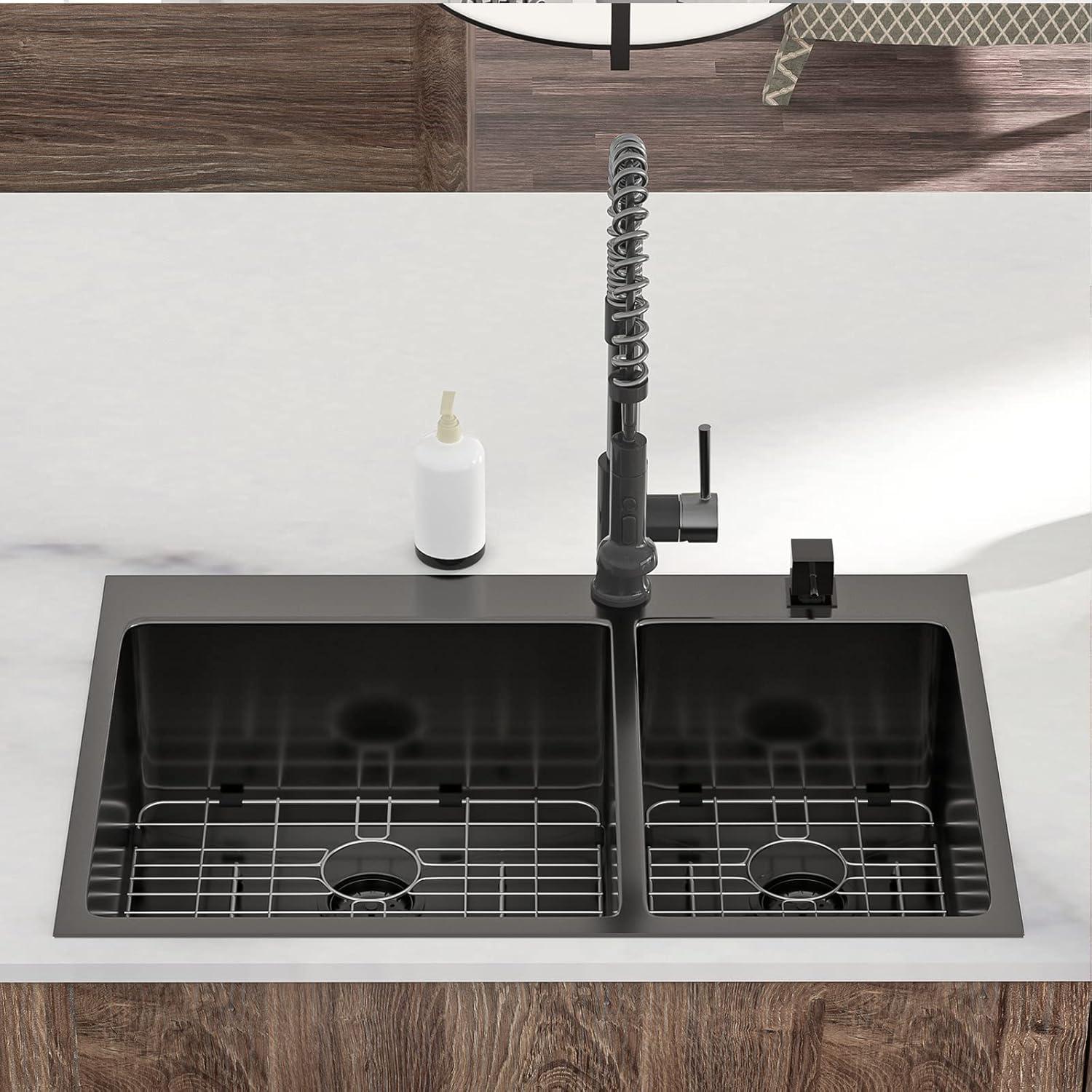 Lordear  16 Gauge Top Mount Gunmetal Black Double Bowl Stainless Steel Kitchen Sink - 33x22x960/40