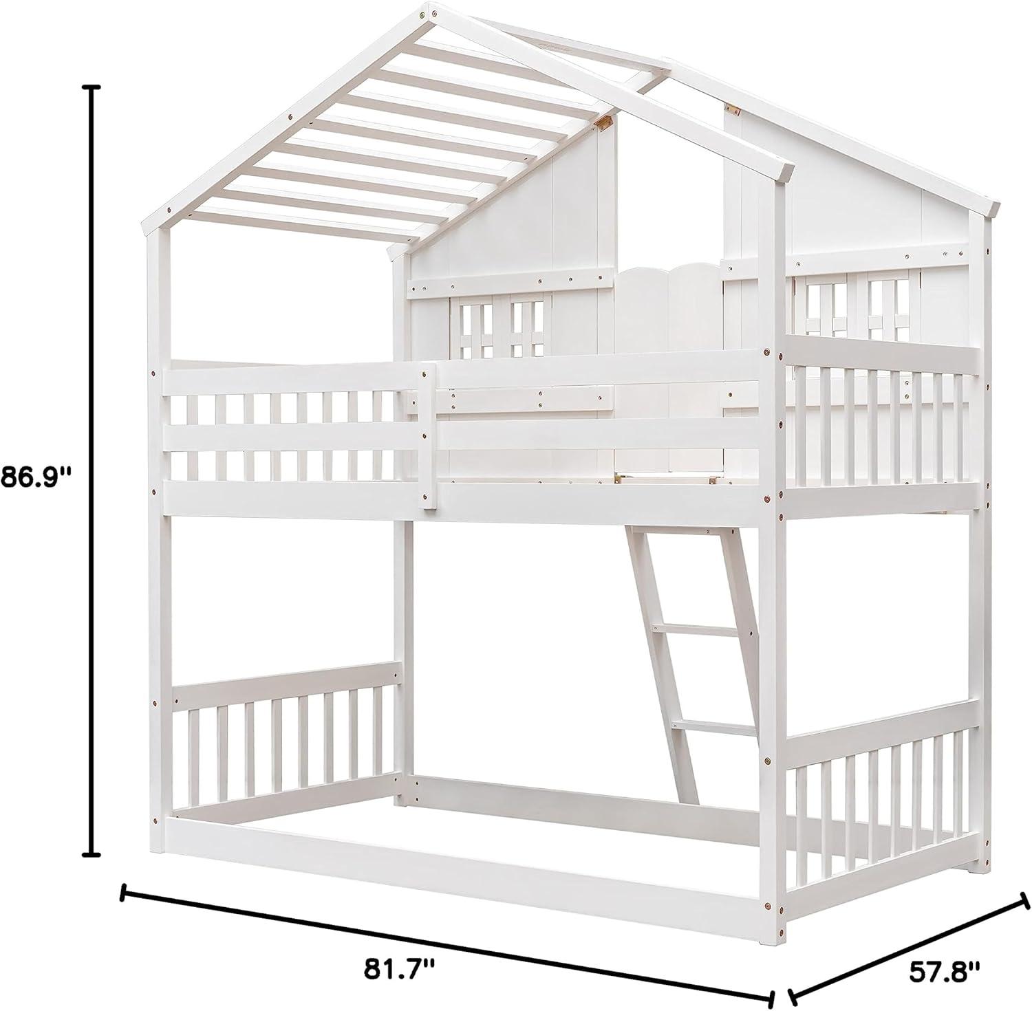 Harper & Bright Designs House Bunk Bed Twin Over Twin Kids Bunk Bed Wood Frame with Roof, Window, Window Box, Door, Safety Guardrails and Ladder, for Girls Boys (Twin Size, White)