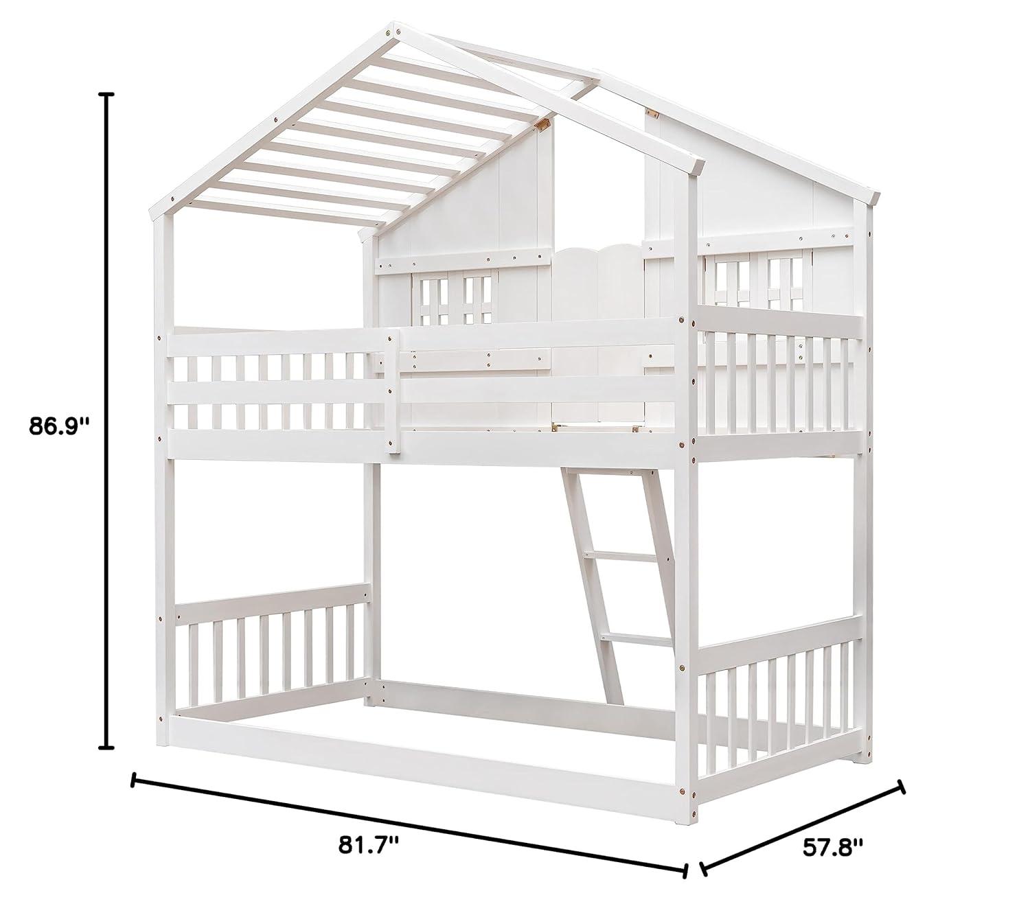 Harper & Bright Designs House Bunk Bed Twin Over Twin Kids Bunk Bed Wood Frame with Roof, Window, Window Box, Door, Safety Guardrails and Ladder, for Girls Boys (Twin Size, White)