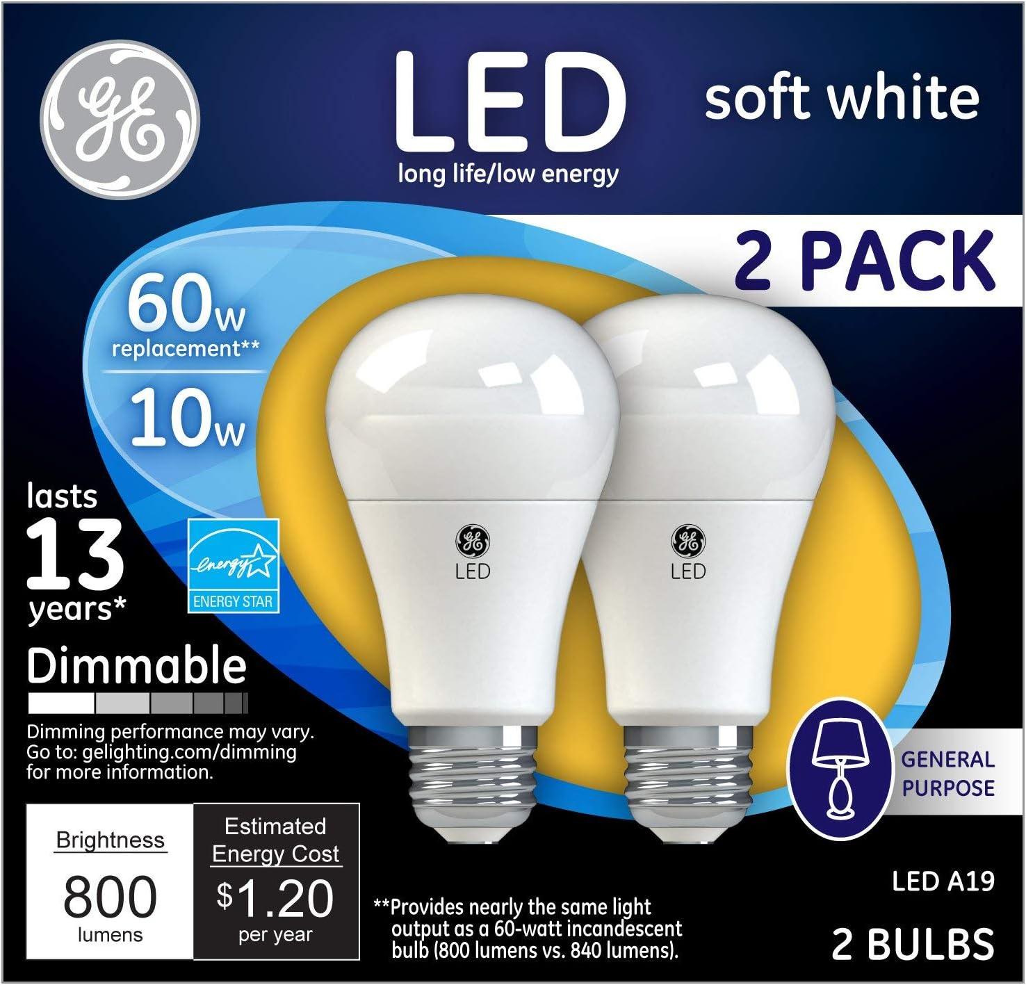 GE 2pk 60W A19 Light Bulb Soft White: LED, E26 Base, Dimmable, 800 Lumens, Energy Star Certified, 2700K, 13.7-Year Life