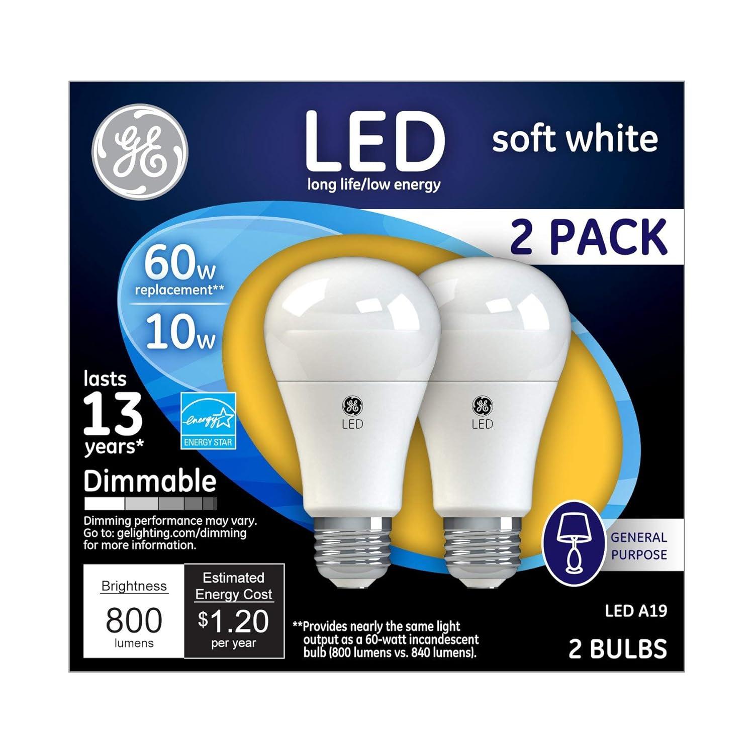 GE 2pk 60W A19 Light Bulb Soft White: LED, E26 Base, Dimmable, 800 Lumens, Energy Star Certified, 2700K, 13.7-Year Life