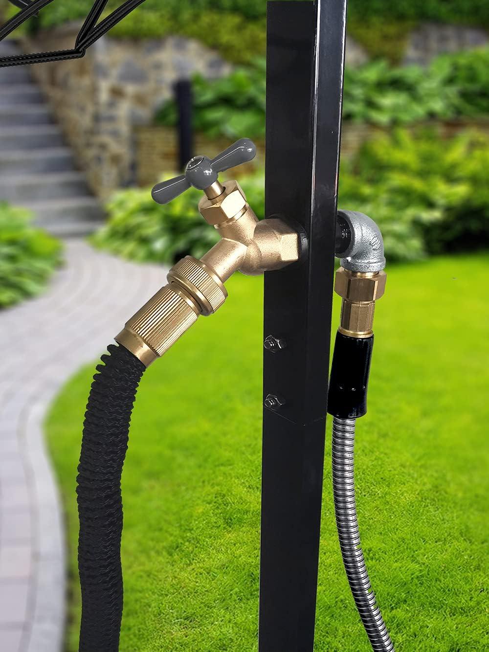 Freestanding Black Metal Garden Hose Holder with Brass Faucet