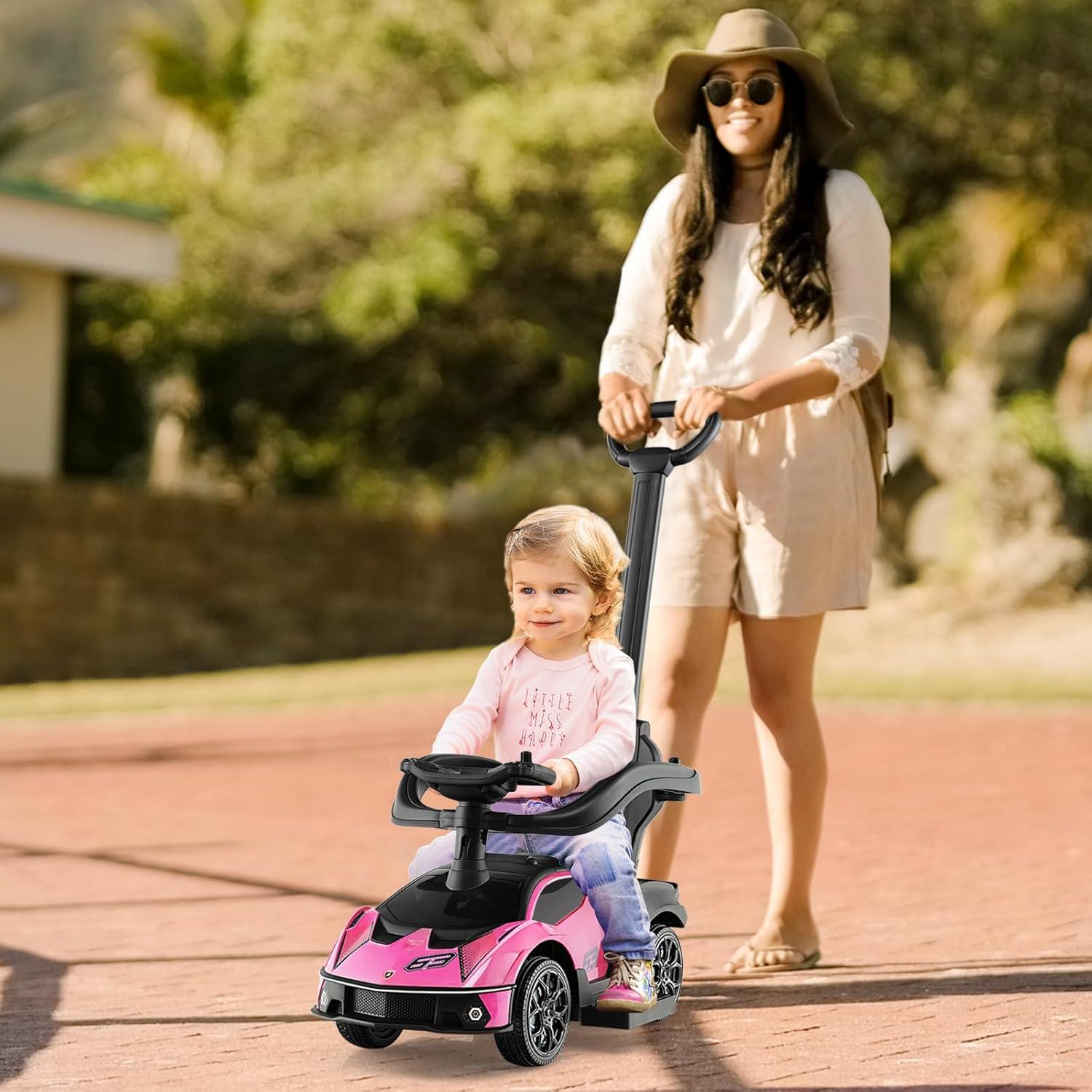 Costway 3-in-1 Licensed Lamborghini Ride on Push Car Stroller Sliding Car w/ Sound Pink